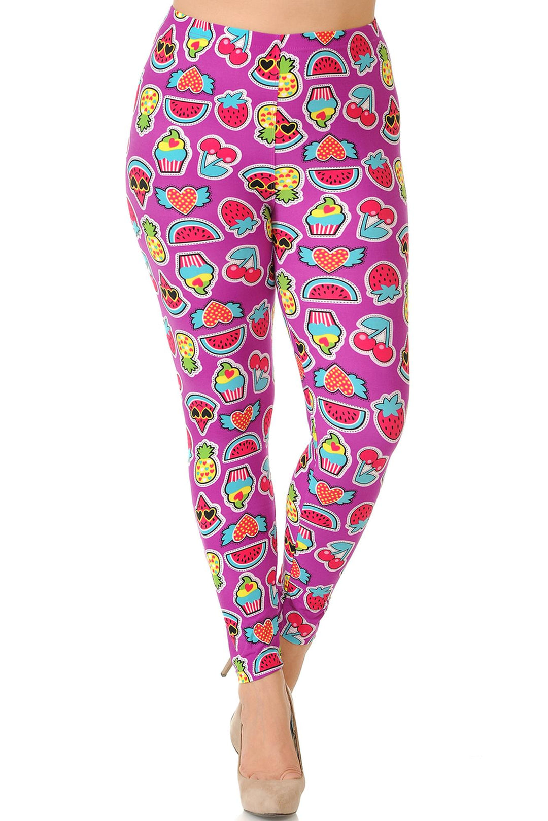 Buttery Soft Cartoon Fruit Plus Size Leggings - 3X-5X (One Size Plus,Fuchsia)