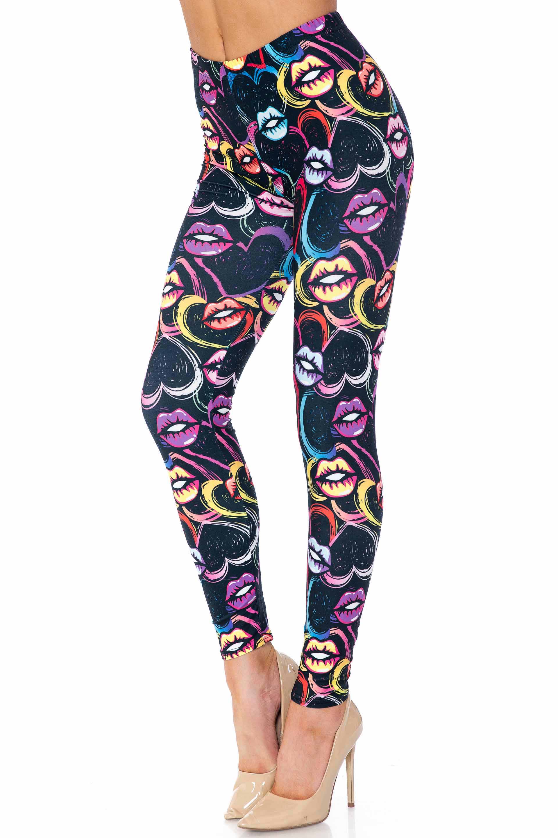 Creamy Soft Leggings Premium Women's Colorful Lips and Hearts Extra Plus, High Rise, Stretchy, Comfortable, 3X-5X Leggings - by USA Fashion