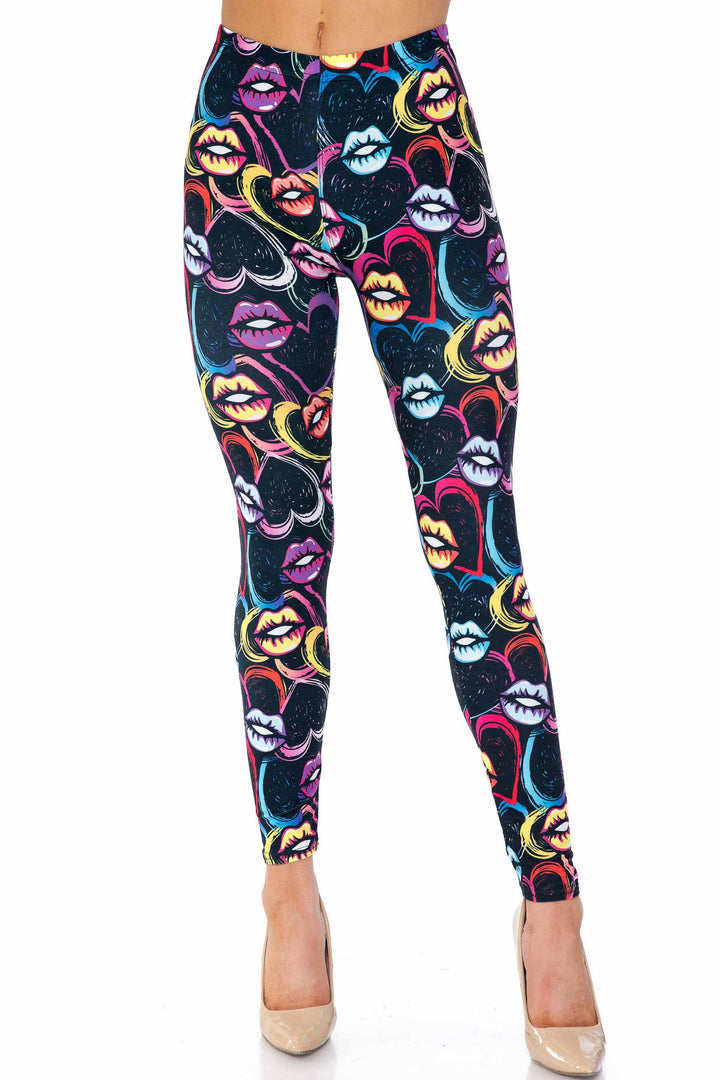 Creamy Soft Leggings Premium Women's Colorful Lips and Hearts Extra Plus, High Rise, Stretchy, Comfortable, 3X-5X Leggings - by USA Fashion