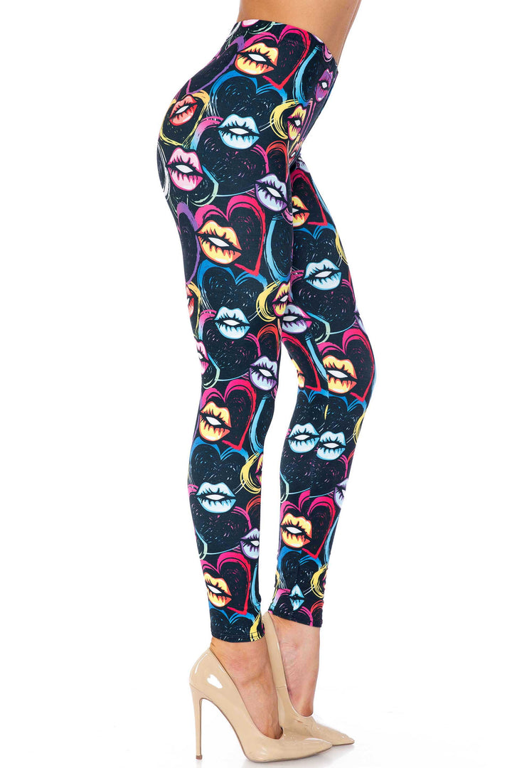 Creamy Soft Leggings Premium Women's Colorful Lips and Hearts Extra Plus, High Rise, Stretchy, Comfortable, 3X-5X Leggings - by USA Fashion