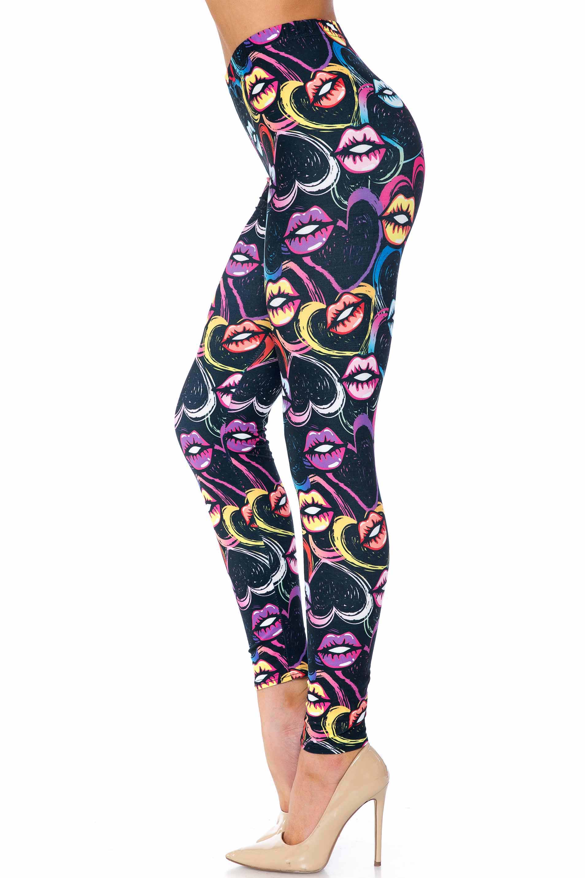 Creamy Soft Leggings Premium Women's Colorful Lips and Hearts Extra Plus, High Rise, Stretchy, Comfortable, 3X-5X Leggings - by USA Fashion