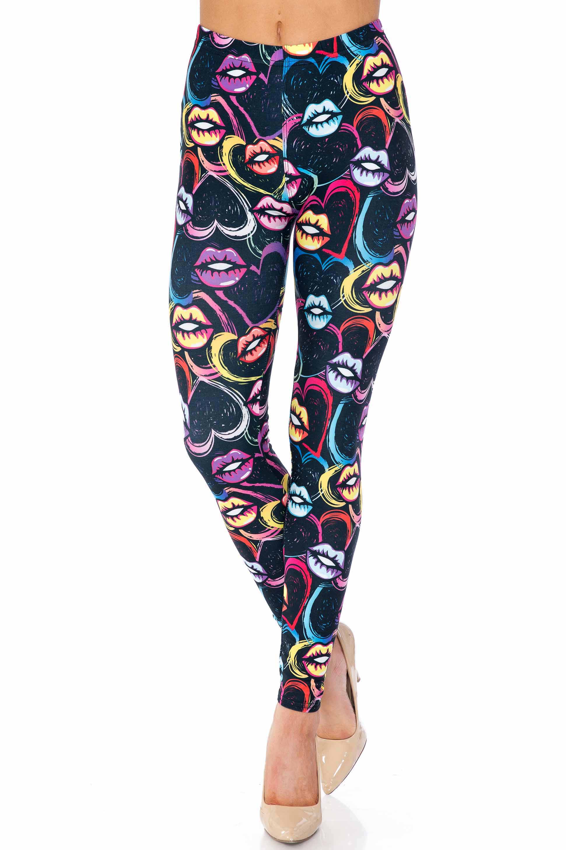 Creamy Soft Leggings Premium Women's Colorful Lips and Hearts Extra Plus, High Rise, Stretchy, Comfortable, 3X-5X Leggings - by USA Fashion