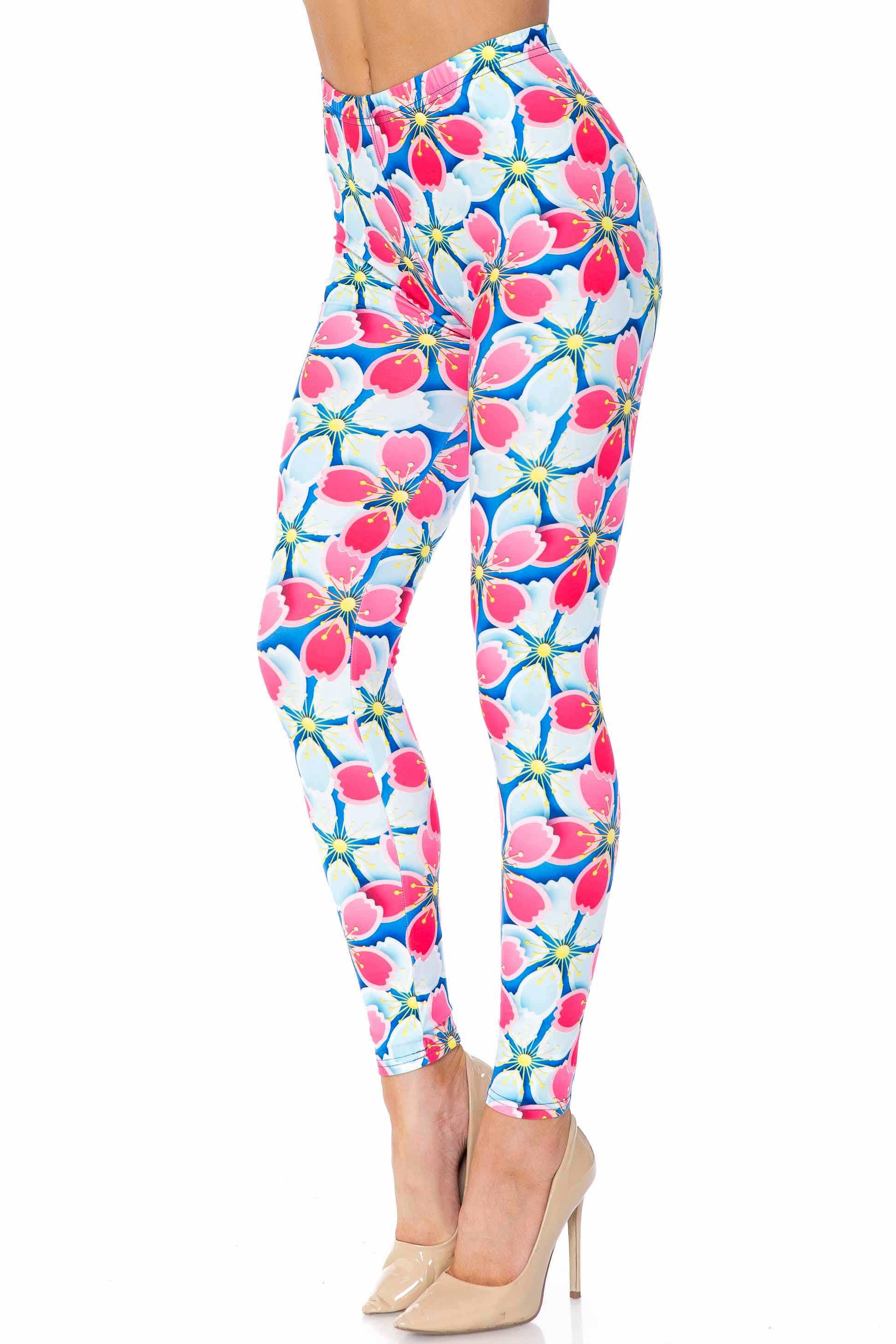 Creamy Soft Leggings Premium Women's Pink and Blue Sunshine Floral Extra Plus, High Rise, Stretchy, Comfortable, 3X-5X Leggings - by USA Fashion