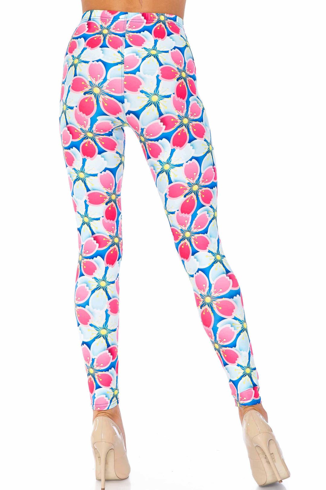 Creamy Soft Leggings Premium Women's Pink and Blue Sunshine Floral Extra Plus, High Rise, Stretchy, Comfortable, 3X-5X Leggings - by USA Fashion