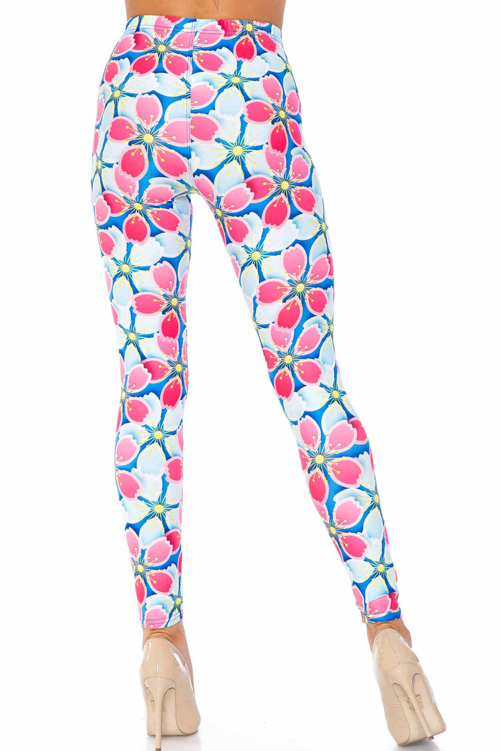 Creamy Soft Leggings Premium Women's Pink and Blue Sunshine Floral Extra Plus, High Rise, Stretchy, Comfortable, 3X-5X Leggings - by USA Fashion
