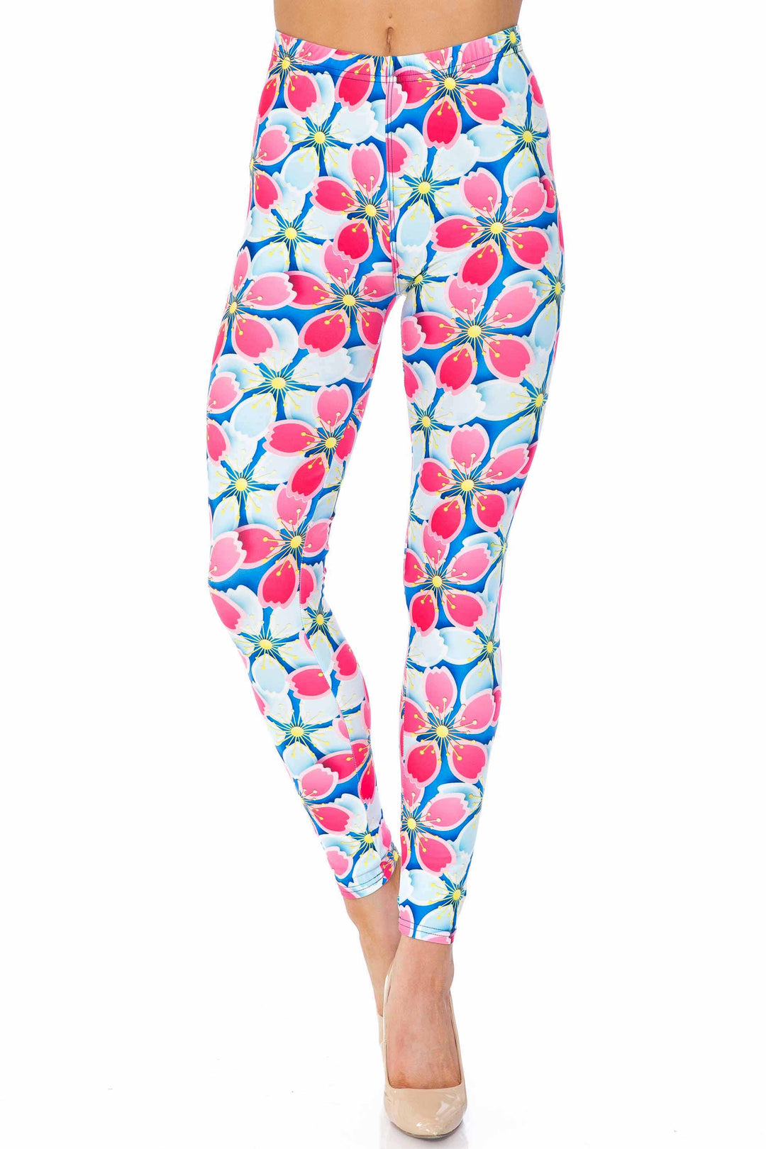Creamy Soft Leggings Premium Women's Pink and Blue Sunshine Floral Extra Plus, High Rise, Stretchy, Comfortable, 3X-5X Leggings - by USA Fashion