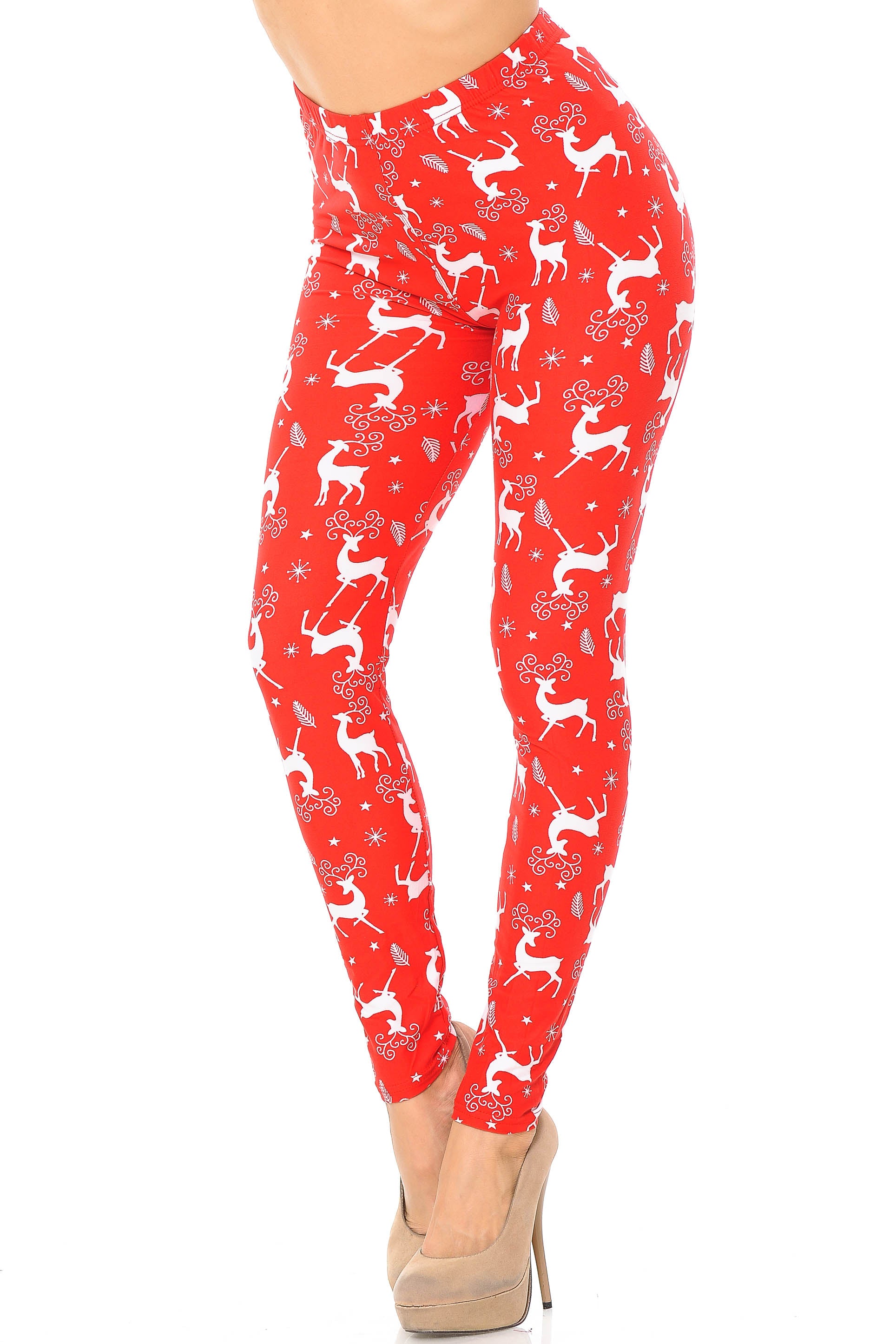 Buttery Soft Prancing Christmas Reindeer Extra Plus Size Leggings - 3X-5X (Red,XPlus One Size)