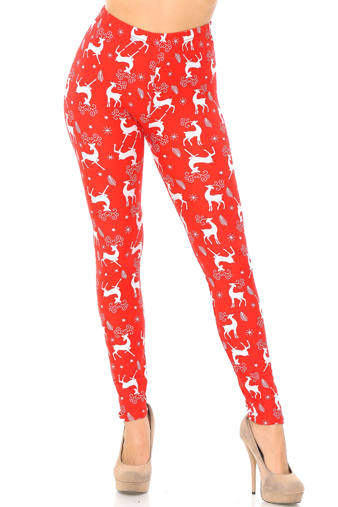 Buttery Soft Prancing Christmas Reindeer Extra Plus Size Leggings - 3X-5X (Red,XPlus One Size)