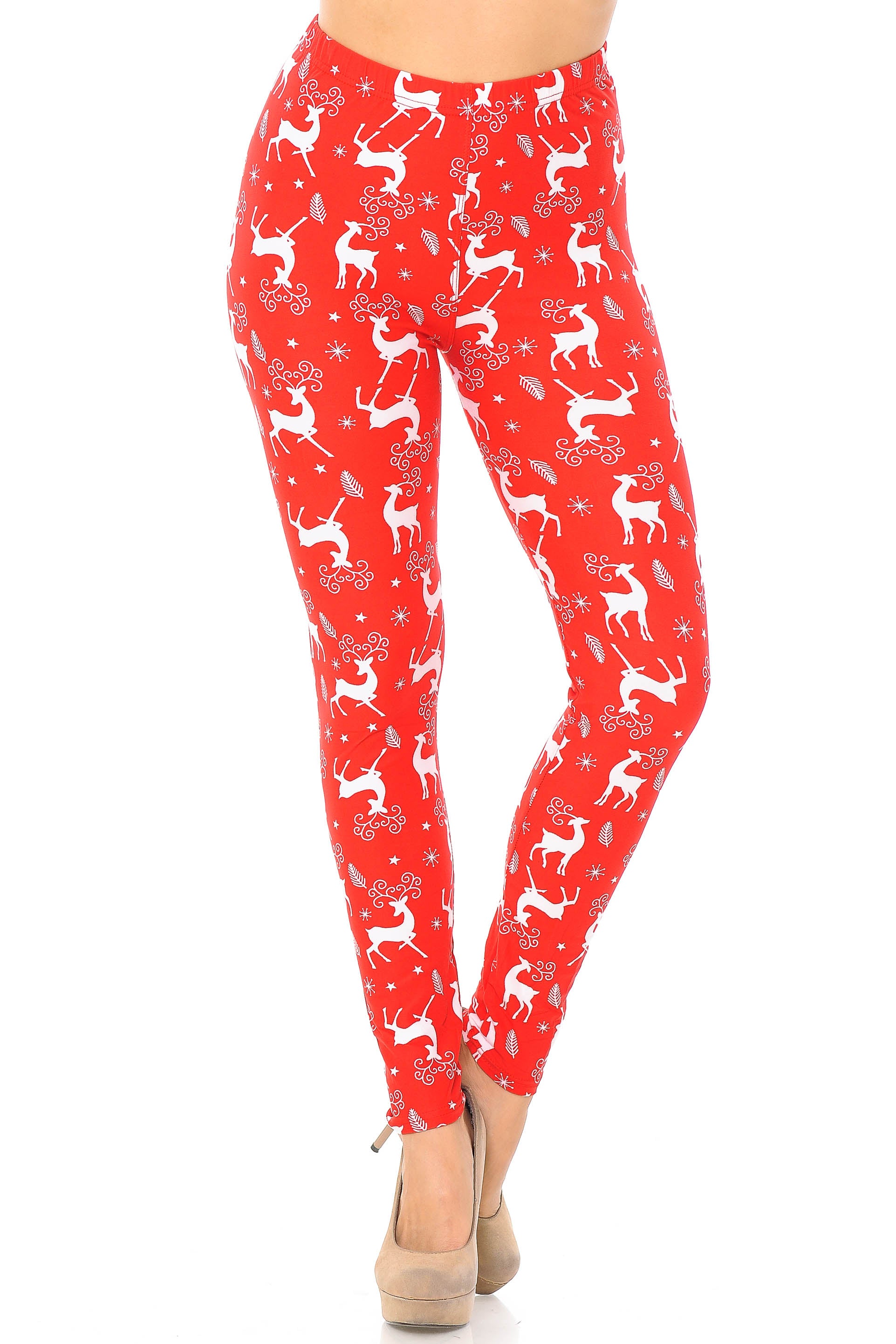 Buttery Soft Prancing Christmas Reindeer Extra Plus Size Leggings - 3X-5X (Red,XPlus One Size)