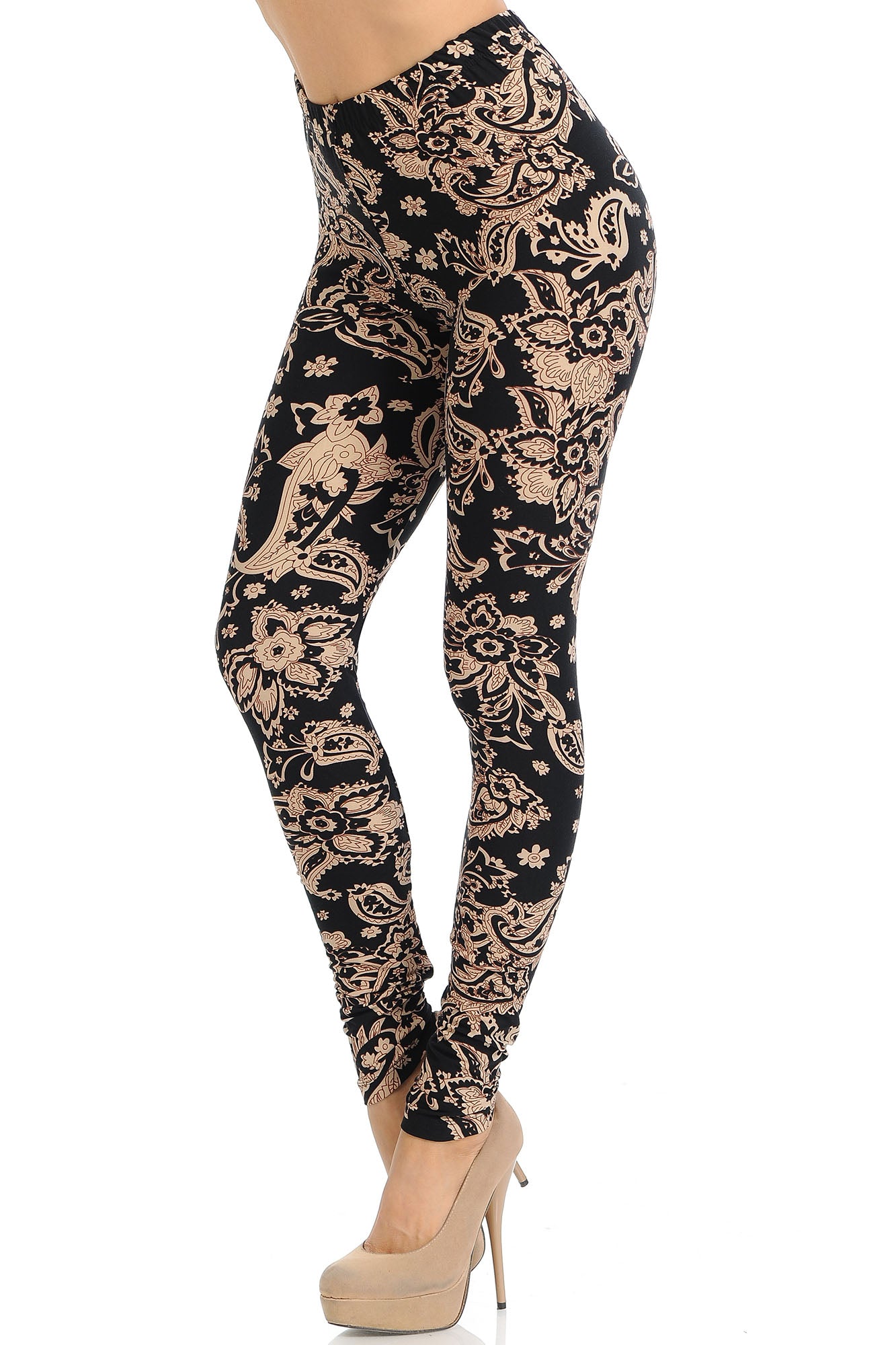 Buttery Soft Sand Pepper Paisley Extra Plus Size Leggings - 3X-5X (XPlus One Size,Beige)
