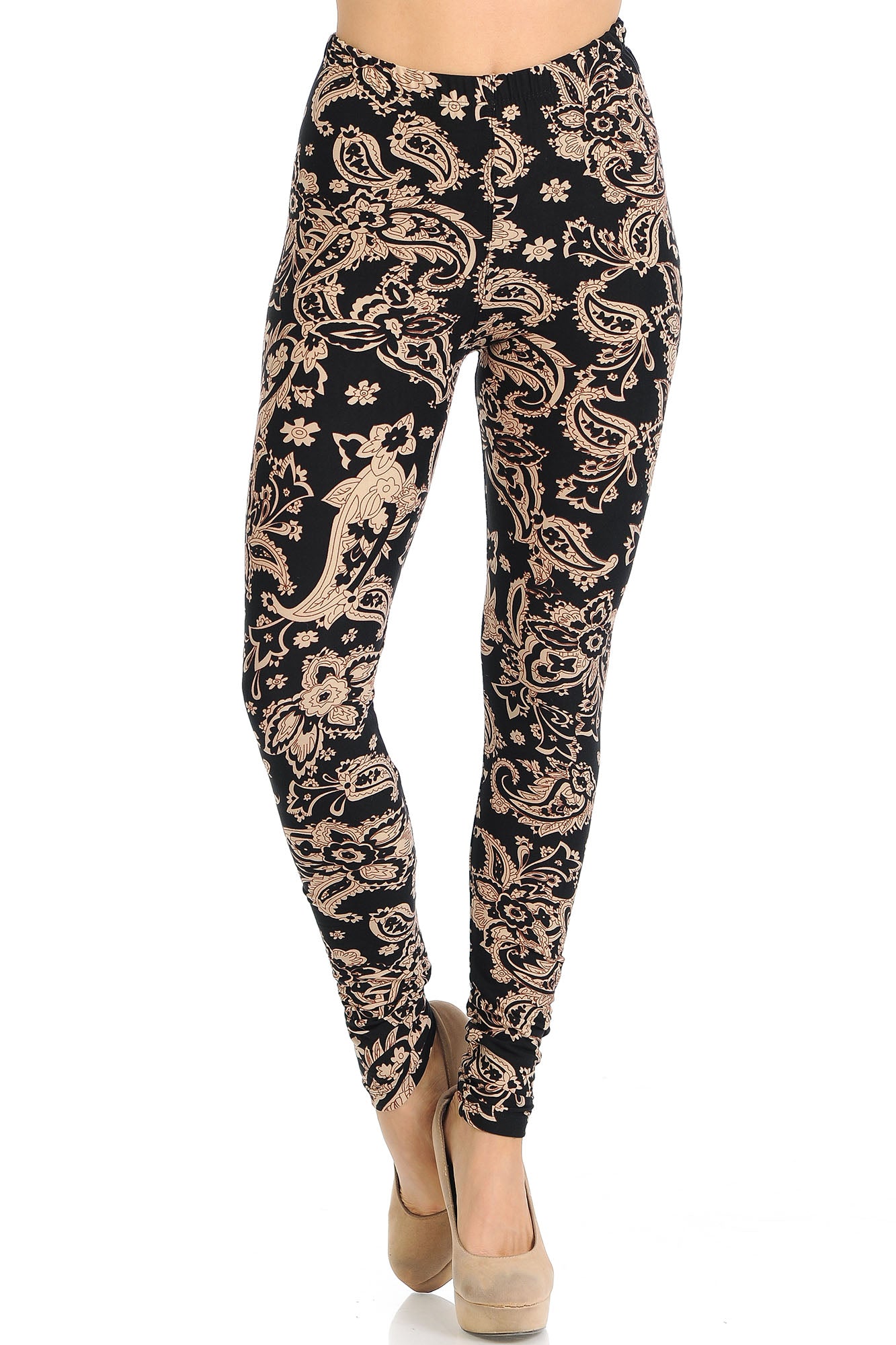 Buttery Soft Sand Pepper Paisley Extra Plus Size Leggings - 3X-5X (XPlus One Size,Beige)