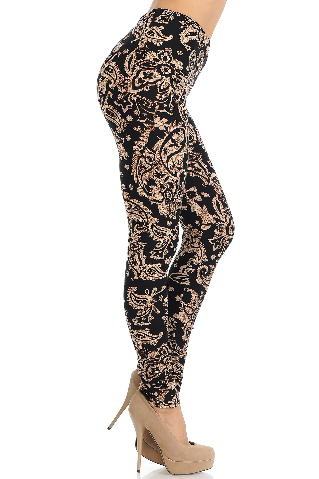 Buttery Soft Sand Pepper Paisley Extra Plus Size Leggings - 3X-5X (XPlus One Size,Beige)