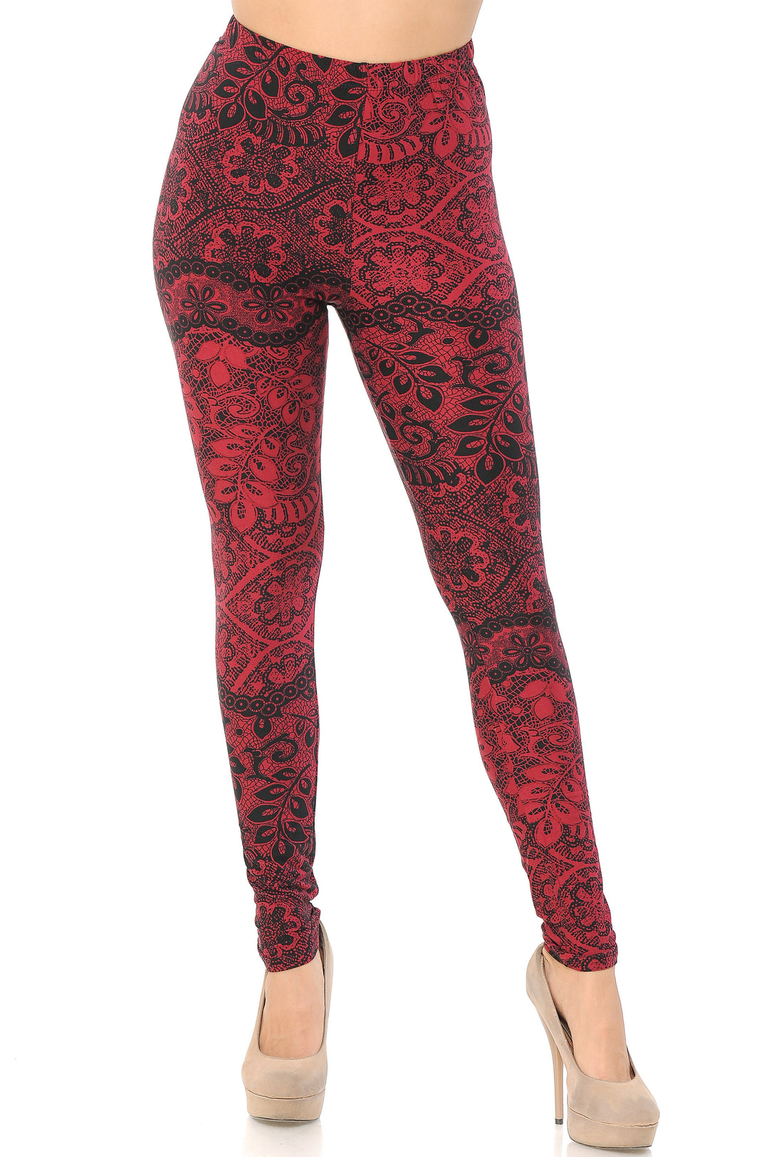 Buttery Soft Rouge Leaf Extra Plus Size Leggings - 3X-5X (Red,XPlus One Size)