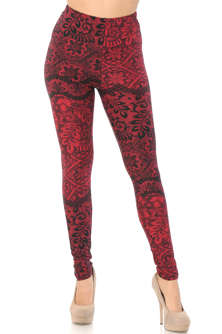 Buttery Soft Rouge Leaf Extra Plus Size Leggings - 3X-5X (Red,XPlus One Size)