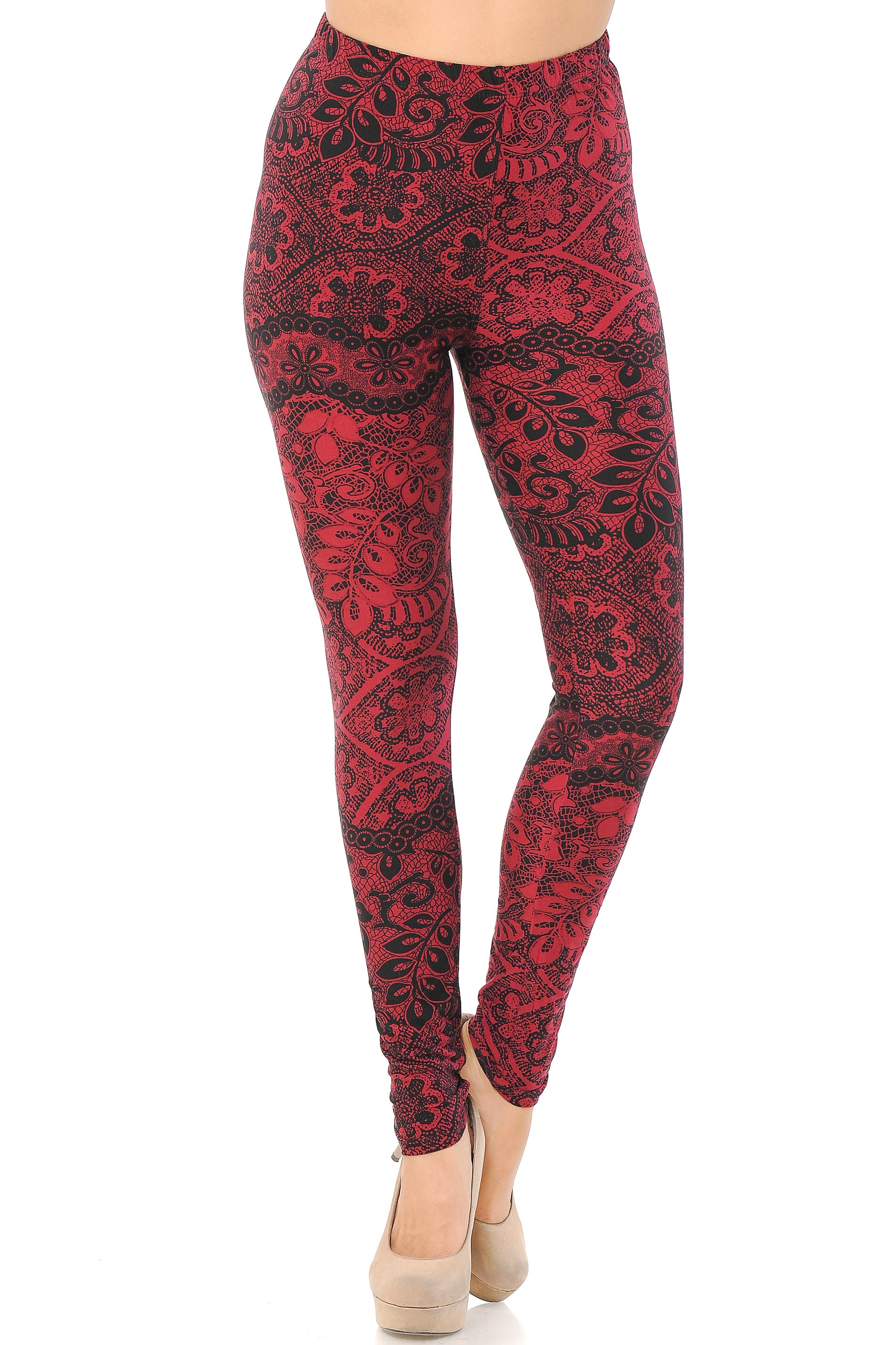 Buttery Soft Rouge Leaf Extra Plus Size Leggings - 3X-5X (Red,XPlus One Size)