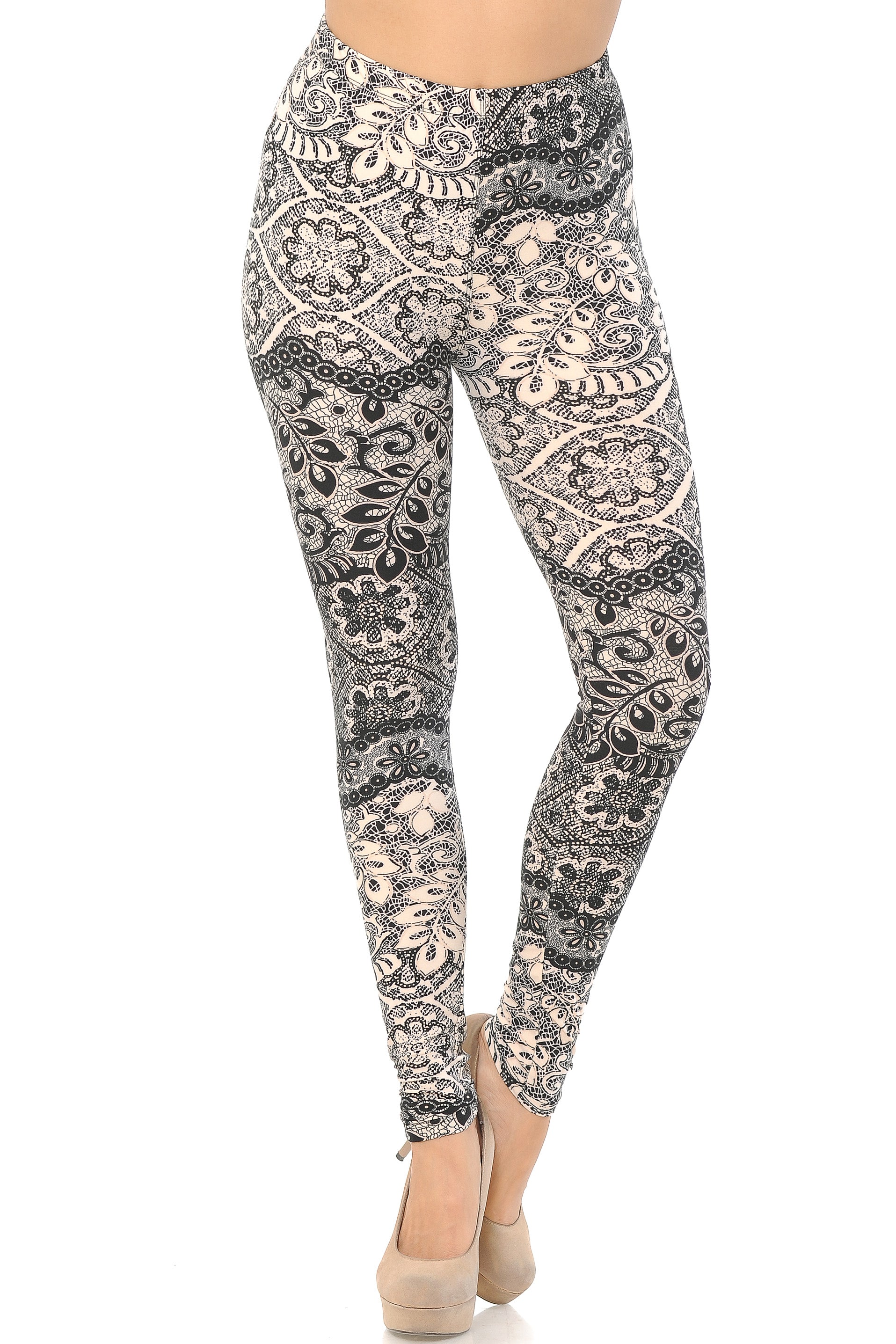 Buttery Soft Cream Leaf Extra Plus Size Leggings - 3X-5X (XPlus One Size,Beige)