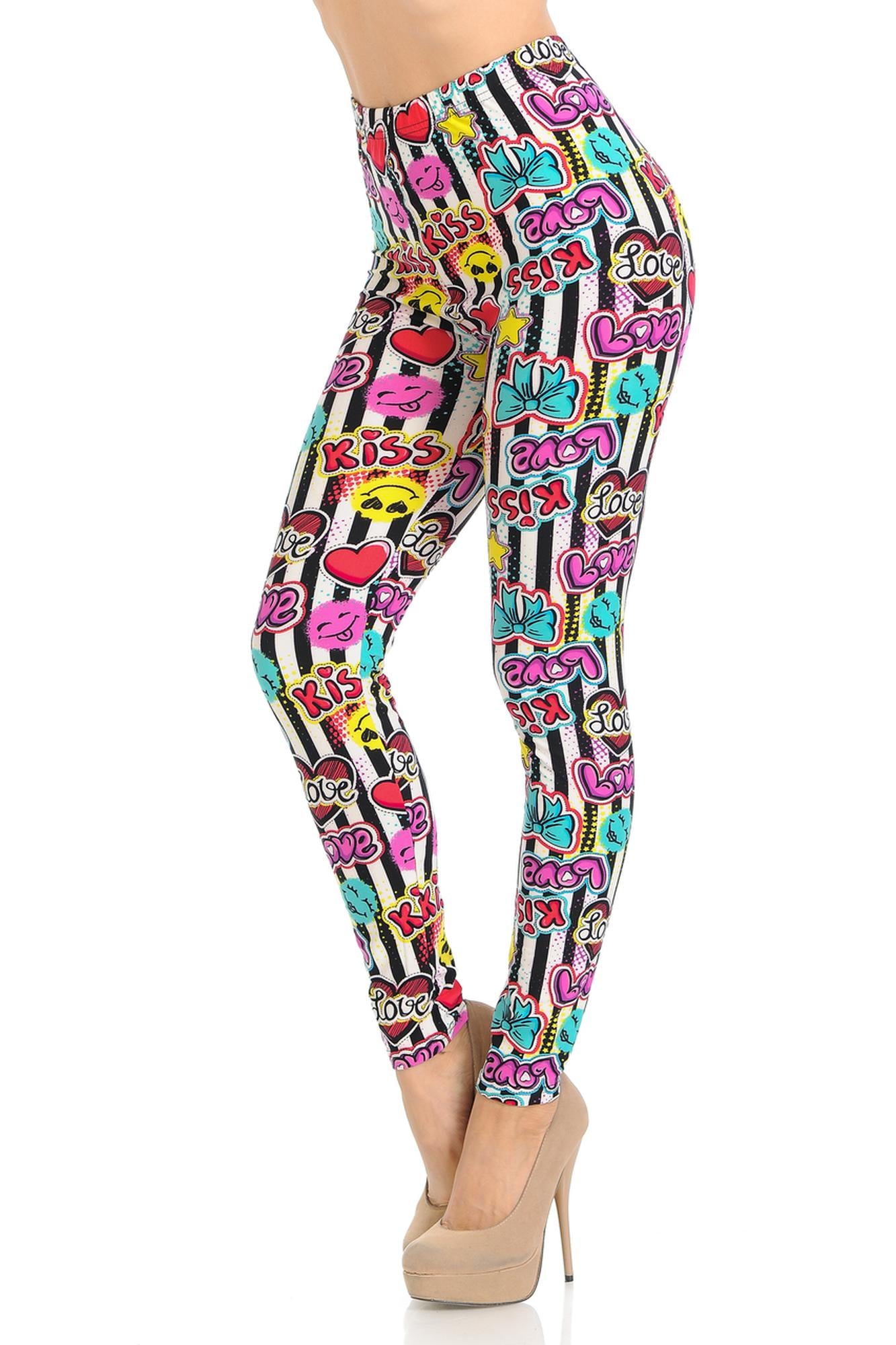 Buttery Soft Stripes Love and Kisses Extra Plus Size Leggings - 3X-5X (One Size Plus,White)