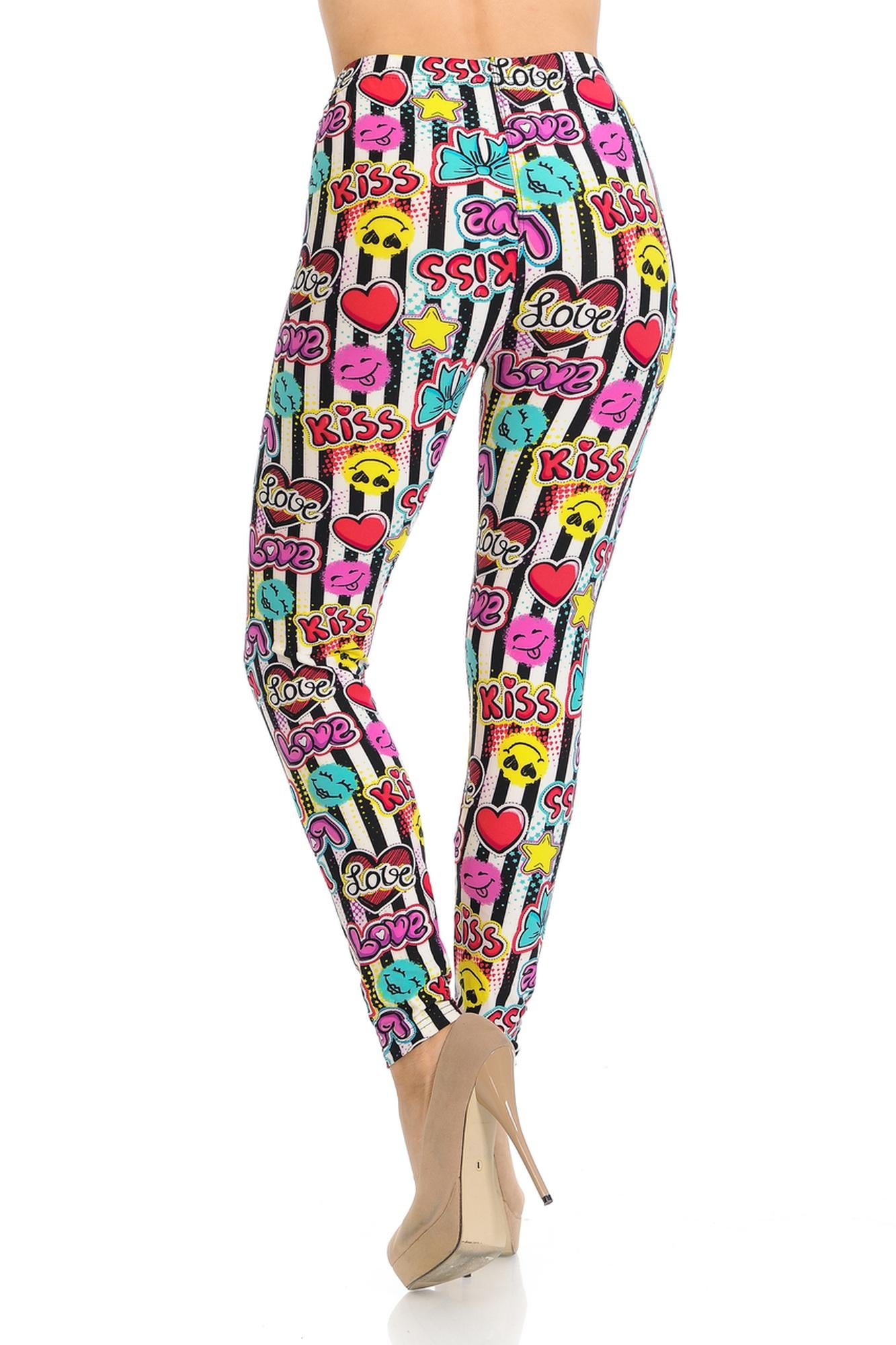 Buttery Soft Stripes Love and Kisses Extra Plus Size Leggings - 3X-5X (One Size Plus,White)