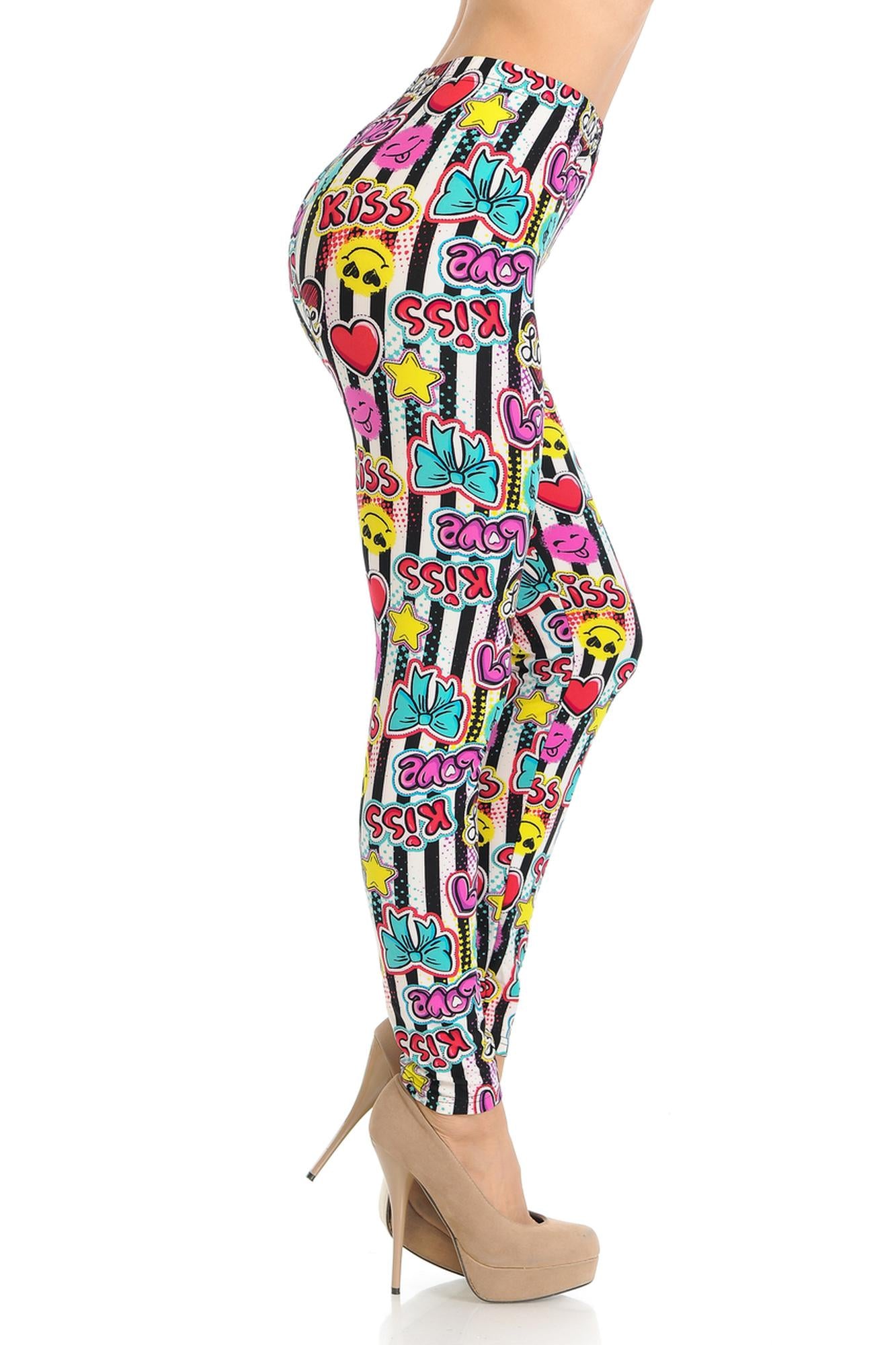 Buttery Soft Stripes Love and Kisses Extra Plus Size Leggings - 3X-5X (One Size Plus,White)