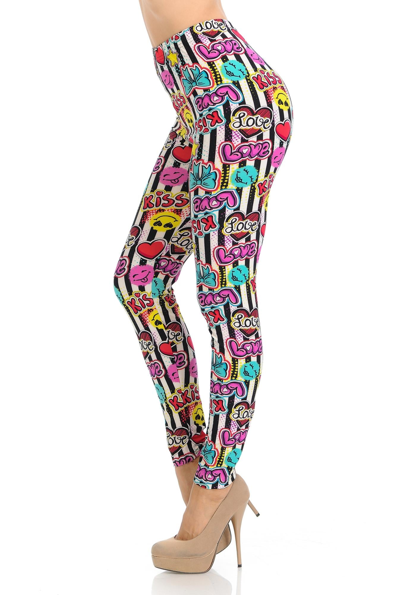 Buttery Soft Stripes Love and Kisses Extra Plus Size Leggings - 3X-5X (One Size Plus,White)