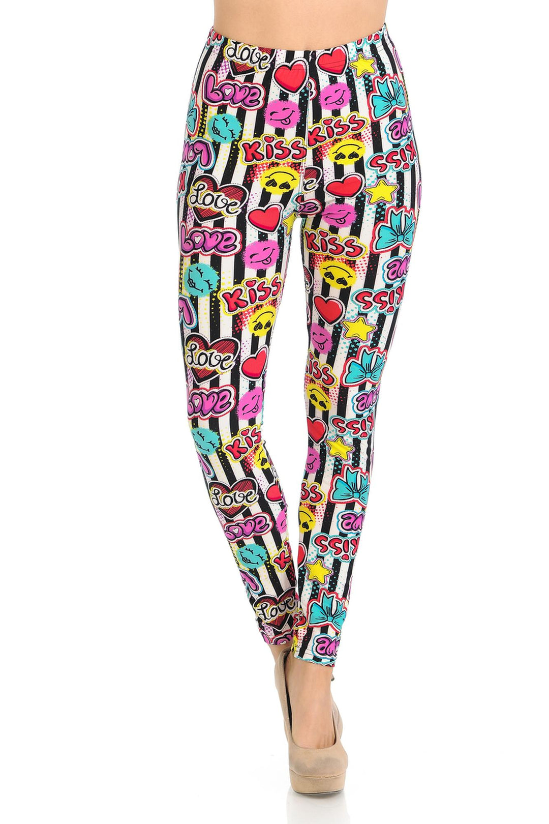 Buttery Soft Stripes Love and Kisses Extra Plus Size Leggings - 3X-5X (One Size Plus,White)