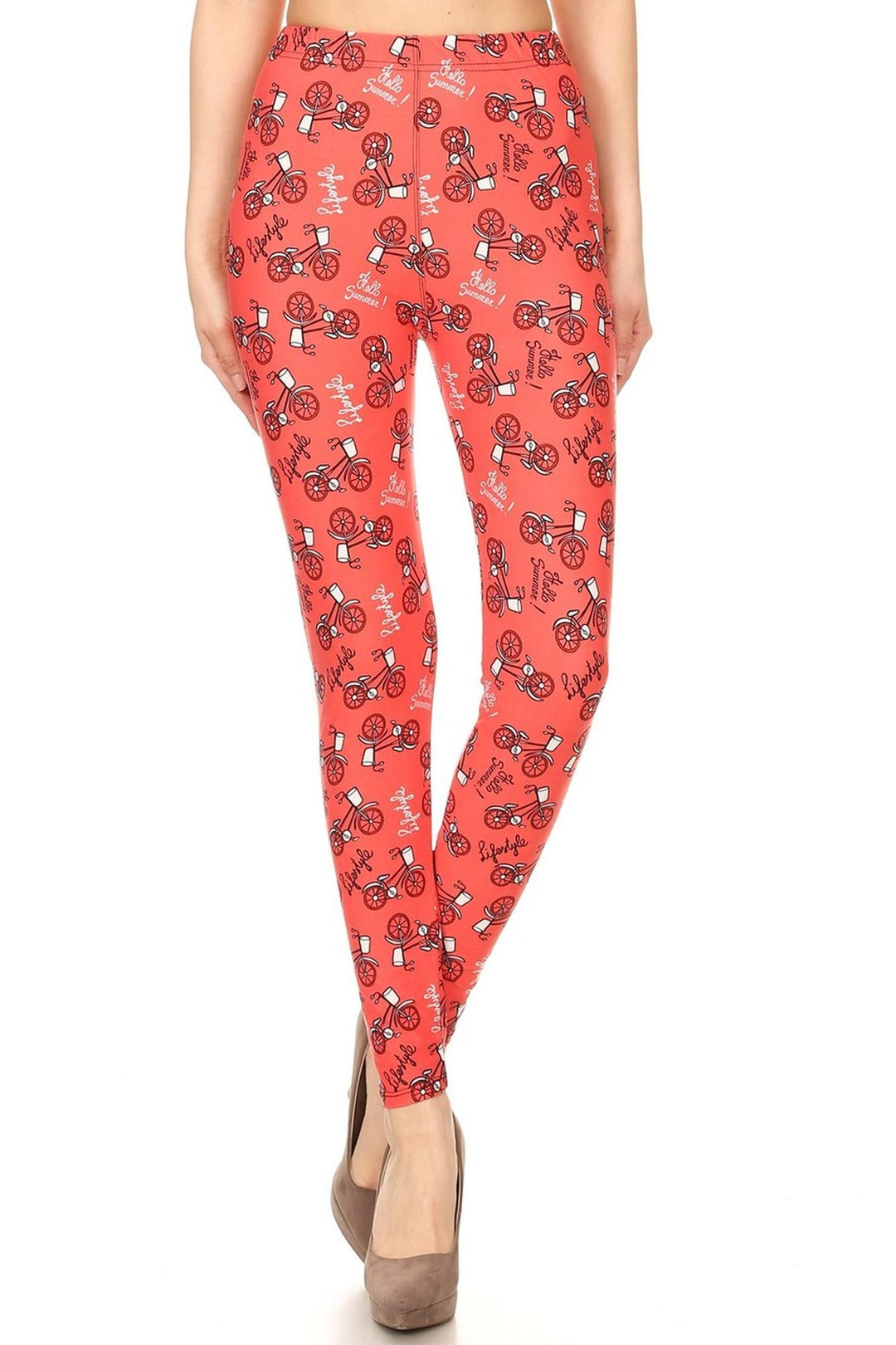 Buttery Red Summertime Bicycles Plus Size Leggings - 3X-5X (One Size Plus,Red)