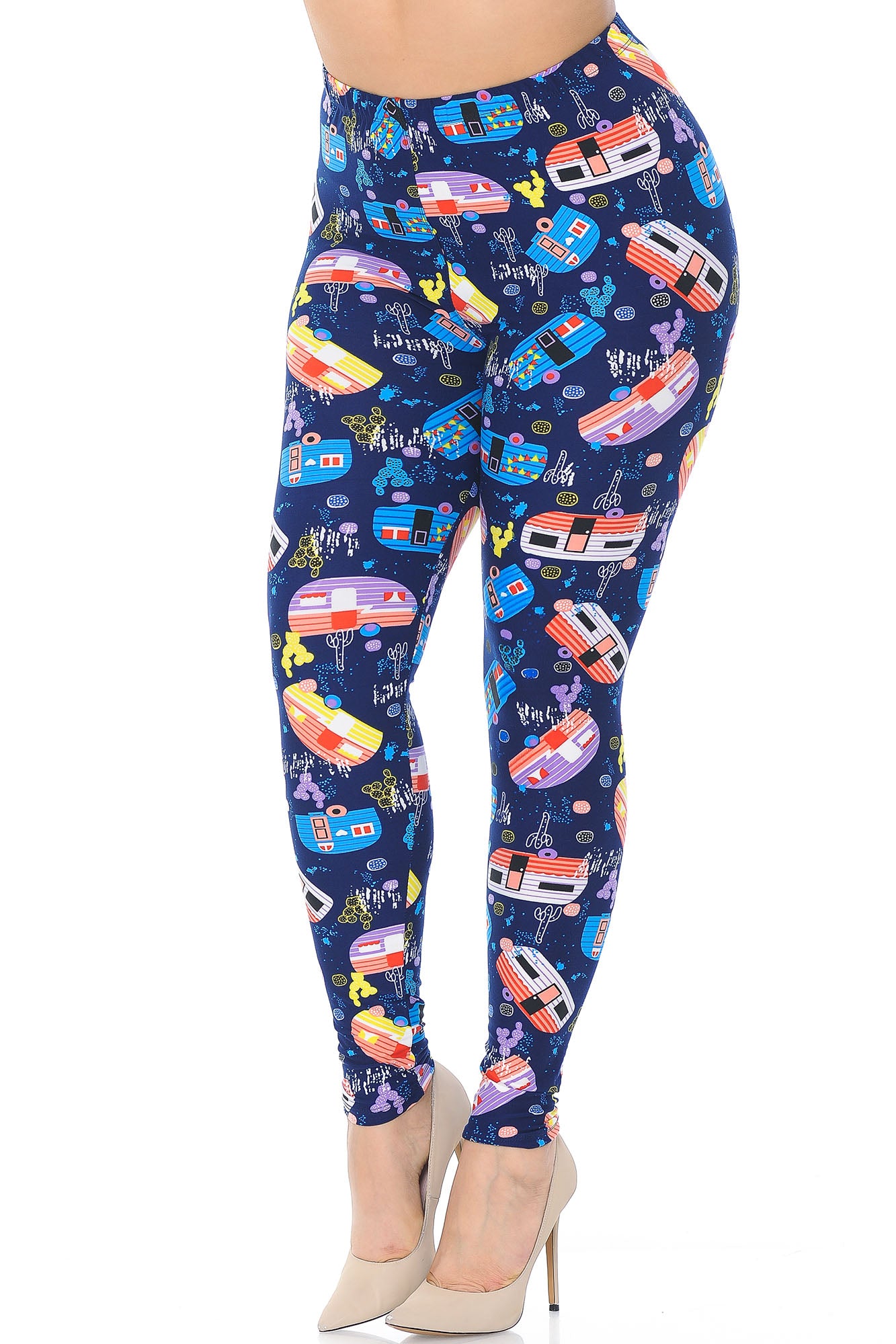 Buttery Soft Retro Campers Extra Plus Size Leggings - 3X-5X (XPlus One Size,Multi Color Bold)