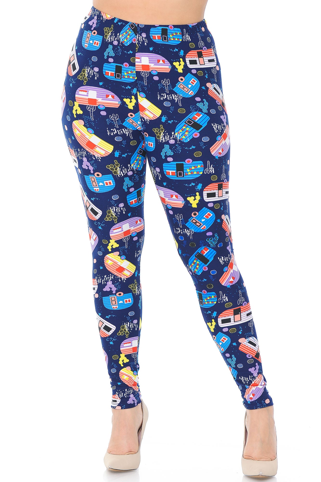 Buttery Soft Retro Campers Extra Plus Size Leggings - 3X-5X (XPlus One Size,Multi Color Bold)