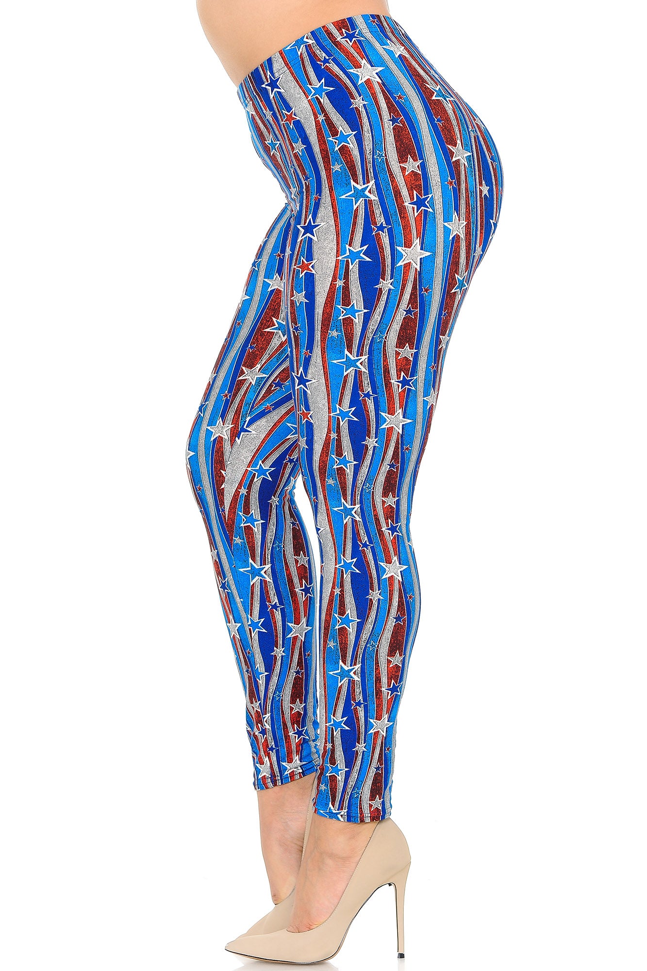 Buttery Soft Metallic USA Flag Plus Size Leggings - 3X-5X (One Size Plus,Blue)