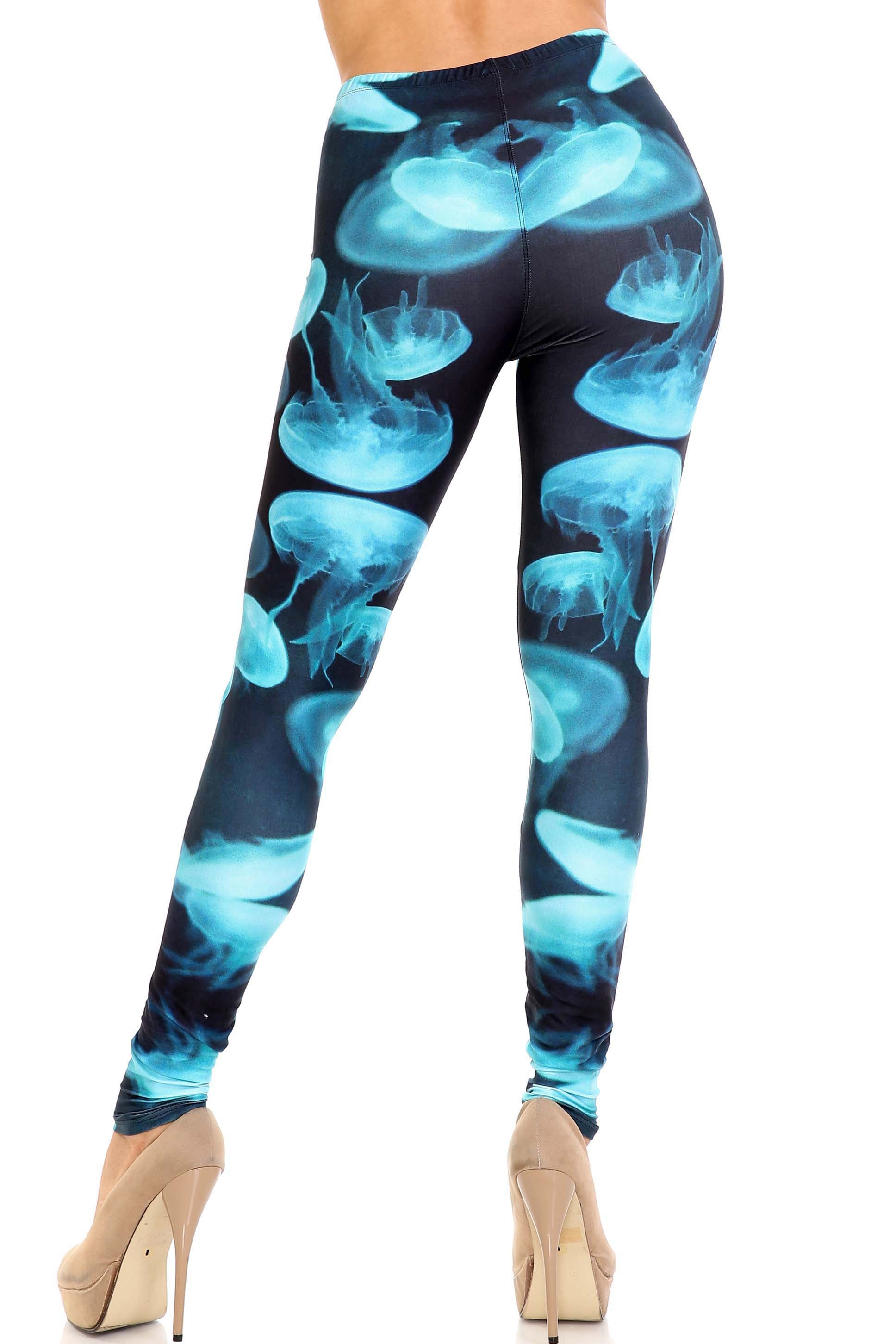 Creamy Soft Leggings Premium Women's Electric Blue Jelly Fish Extra Plus, High Rise, Stretchy, Comfortable, 3X-5X Leggings - by USA Fashion