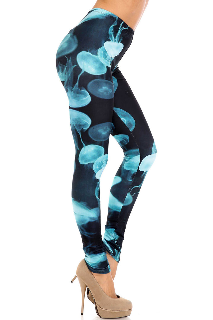Creamy Soft Leggings Premium Women's Electric Blue Jelly Fish Extra Plus, High Rise, Stretchy, Comfortable, 3X-5X Leggings - by USA Fashion