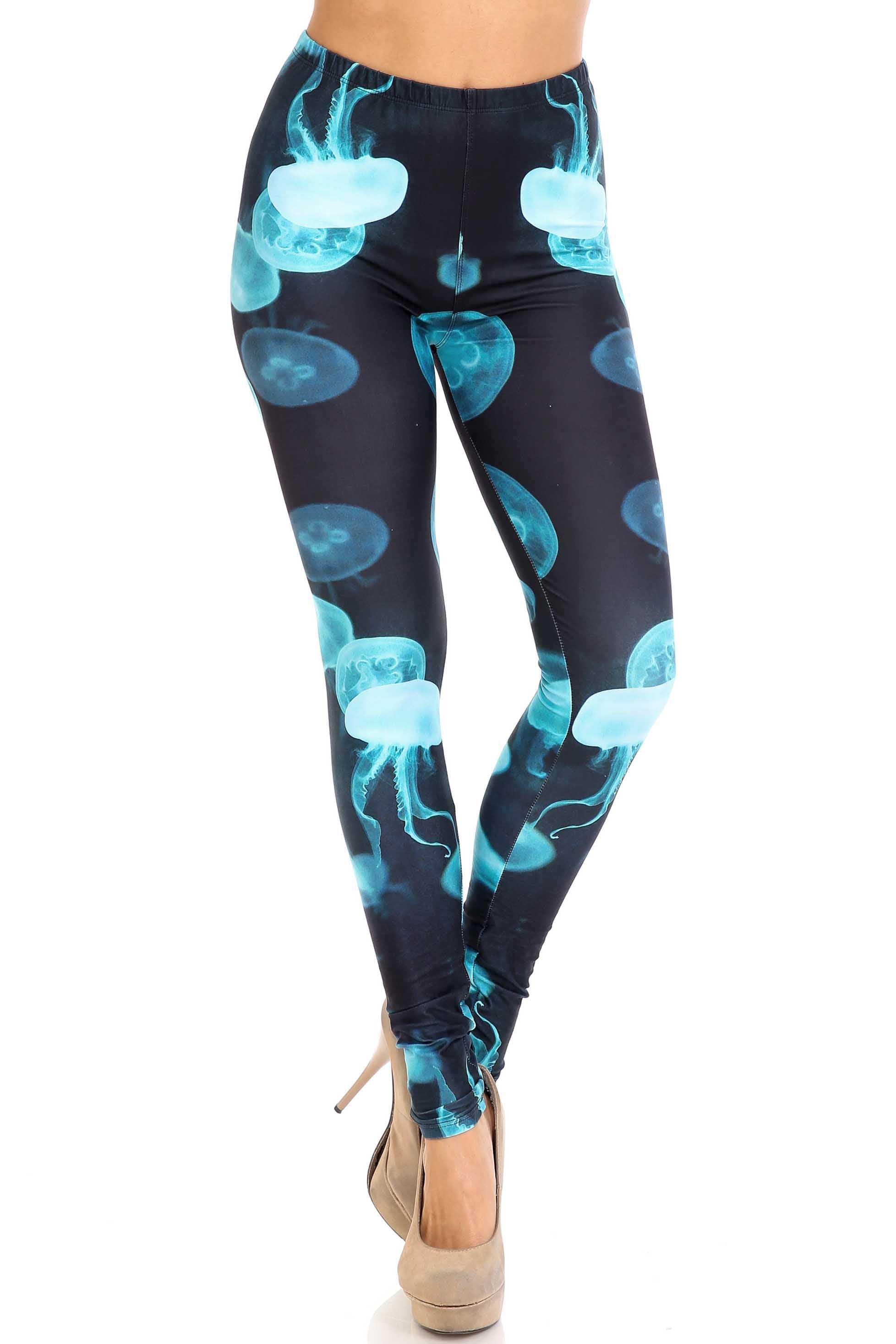 Creamy Soft Leggings Premium Women's Electric Blue Jelly Fish Extra Plus, High Rise, Stretchy, Comfortable, 3X-5X Leggings - by USA Fashion