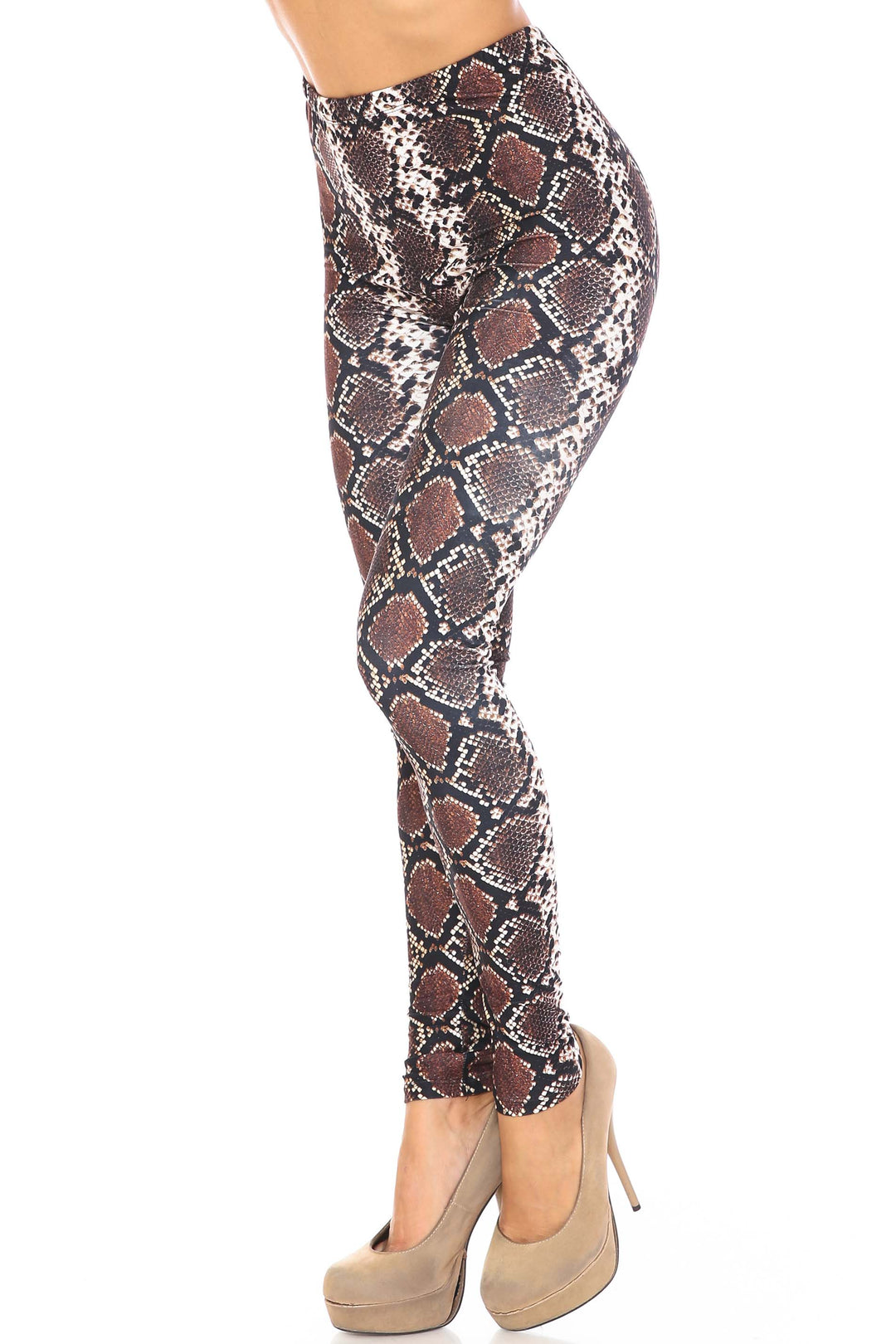 Creamy Soft Leggings Premium Women's Brown Boa Snake Extra Plus, High Rise, Stretchy, Comfortable, 3X-5X Leggings - by USA Fashion