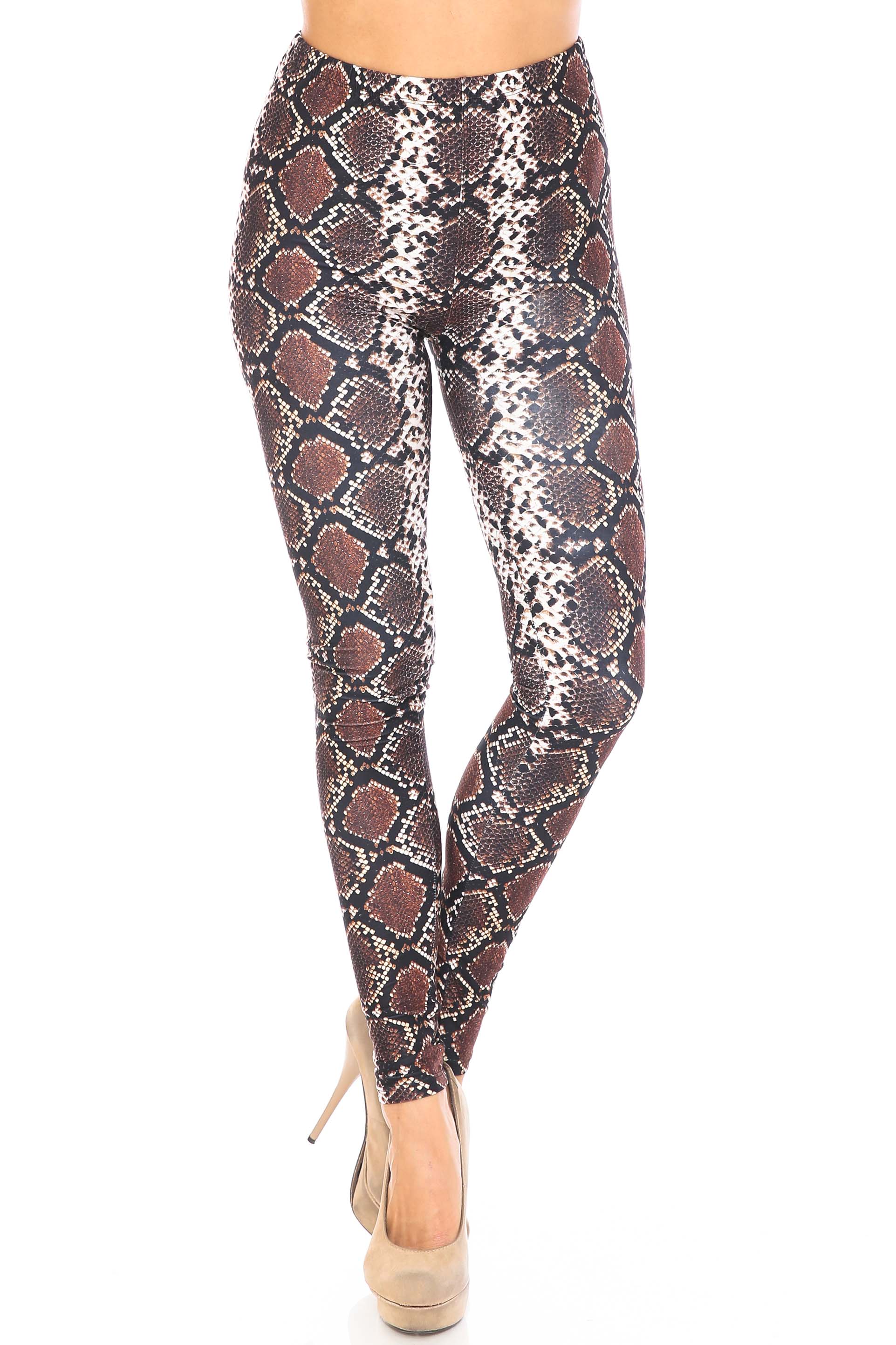 Creamy Soft Leggings Premium Women's Brown Boa Snake Extra Plus, High Rise, Stretchy, Comfortable, 3X-5X Leggings - by USA Fashion
