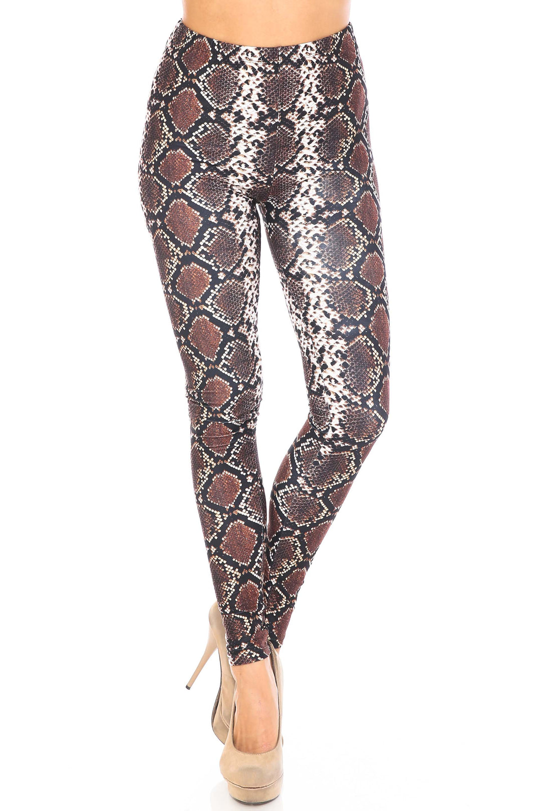 Creamy Soft Leggings Premium Women's Brown Boa Snake Extra Plus, High Rise, Stretchy, Comfortable, 3X-5X Leggings - by USA Fashion