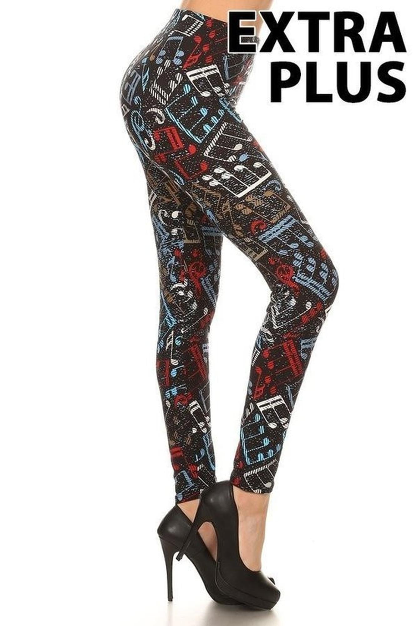 Buttery Soft Colorful Music Note Extra Plus Size Leggings - 3X-5X (XPlus One Size,Black)