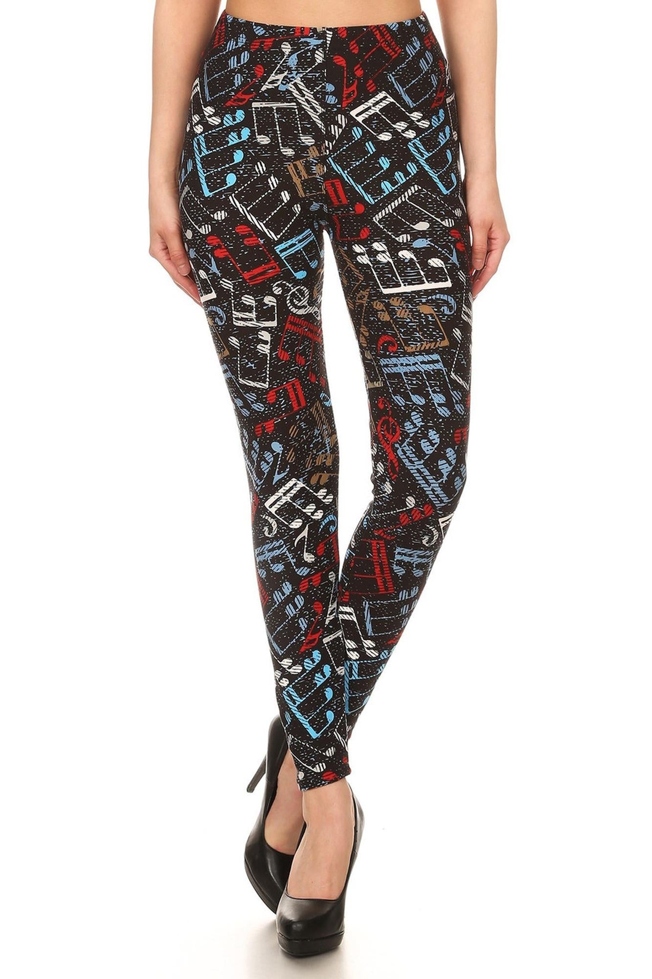 Buttery Soft Colorful Music Note Extra Plus Size Leggings - 3X-5X (XPlus One Size,Black)