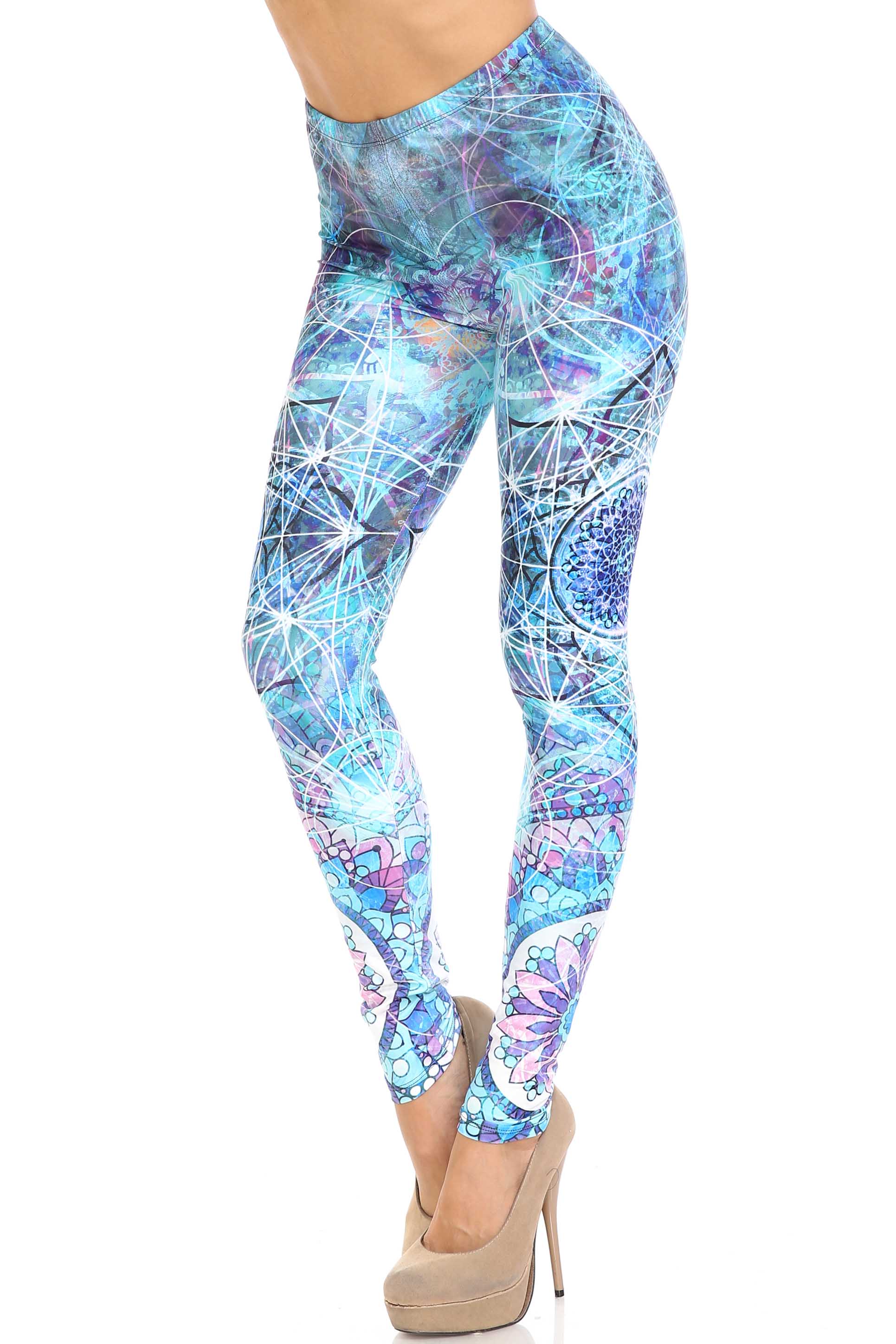 Creamy Soft Leggings Premium Women's Cyan Mandala Extra Plus, High Rise, Stretchy, Comfortable, 3X-5X Leggings - by USA Fashion