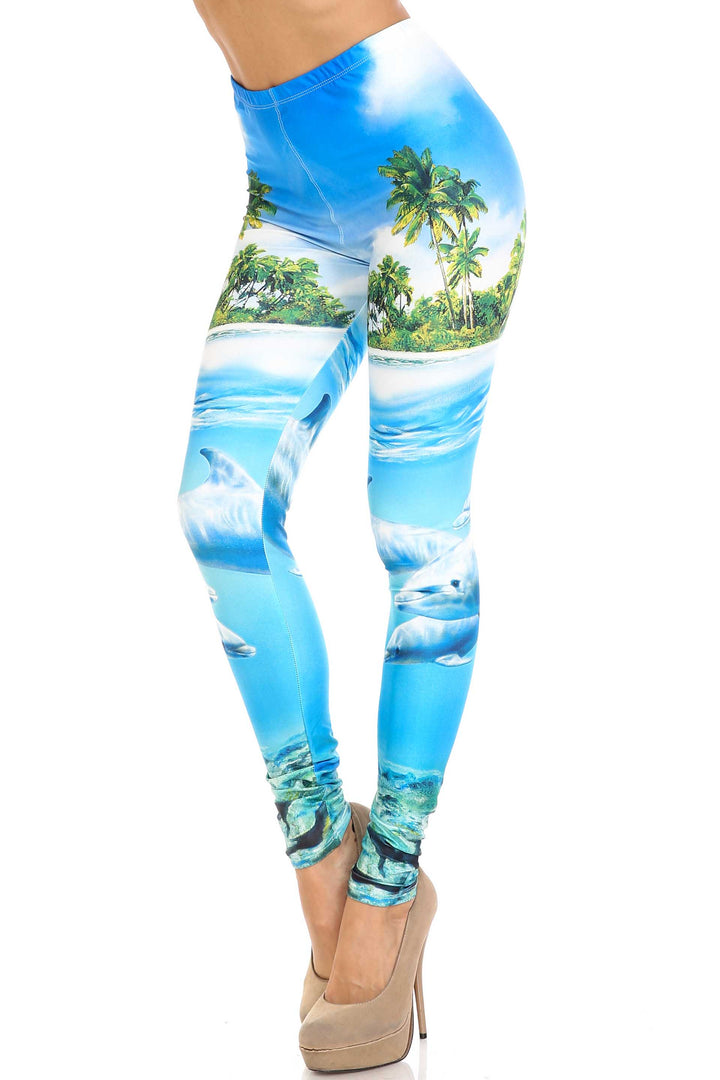 Creamy Soft Leggings Premium Women's Dolphin Paradise Extra Plus, High Rise, Stretchy, Comfortable, 3X-5X Leggings - by USA Fashion
