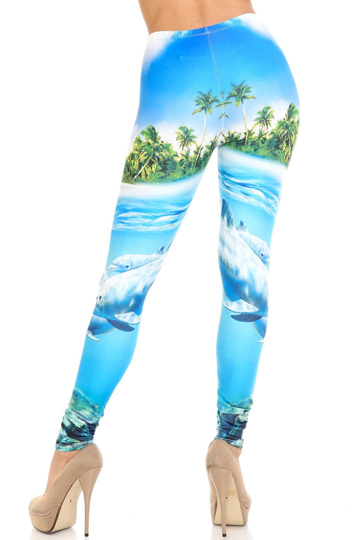 Creamy Soft Leggings Premium Women's Dolphin Paradise Extra Plus, High Rise, Stretchy, Comfortable, 3X-5X Leggings - by USA Fashion