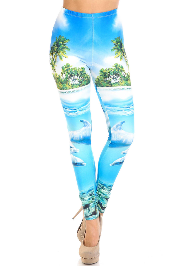 Creamy Soft Leggings Premium Women's Dolphin Paradise Extra Plus, High Rise, Stretchy, Comfortable, 3X-5X Leggings - by USA Fashion