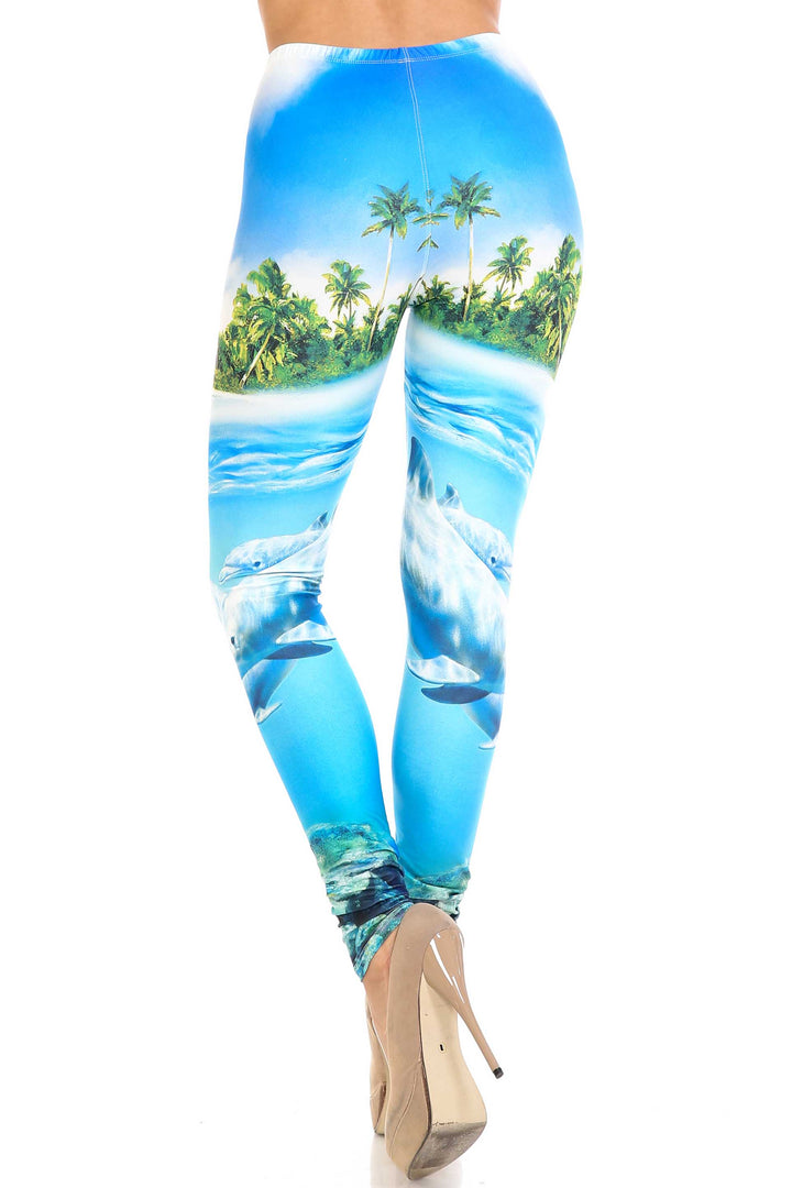 Creamy Soft Leggings Premium Women's Dolphin Paradise Extra Plus, High Rise, Stretchy, Comfortable, 3X-5X Leggings - by USA Fashion