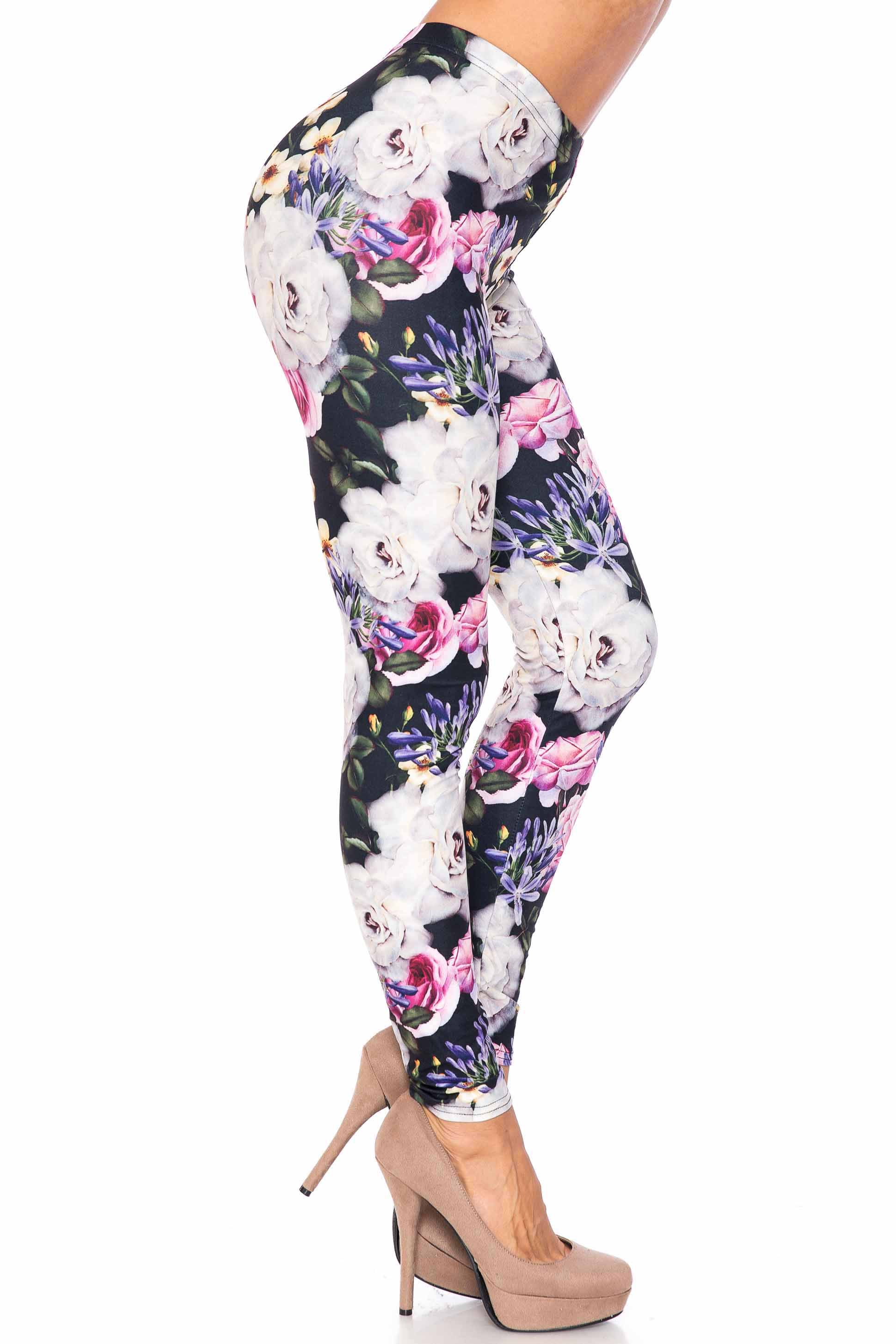 Creamy Soft Leggings Premium Women's Floral Garden Bouquet Extra Plus, High Rise, Stretchy, Comfortable, 3X-5X Leggings - by USA Fashion