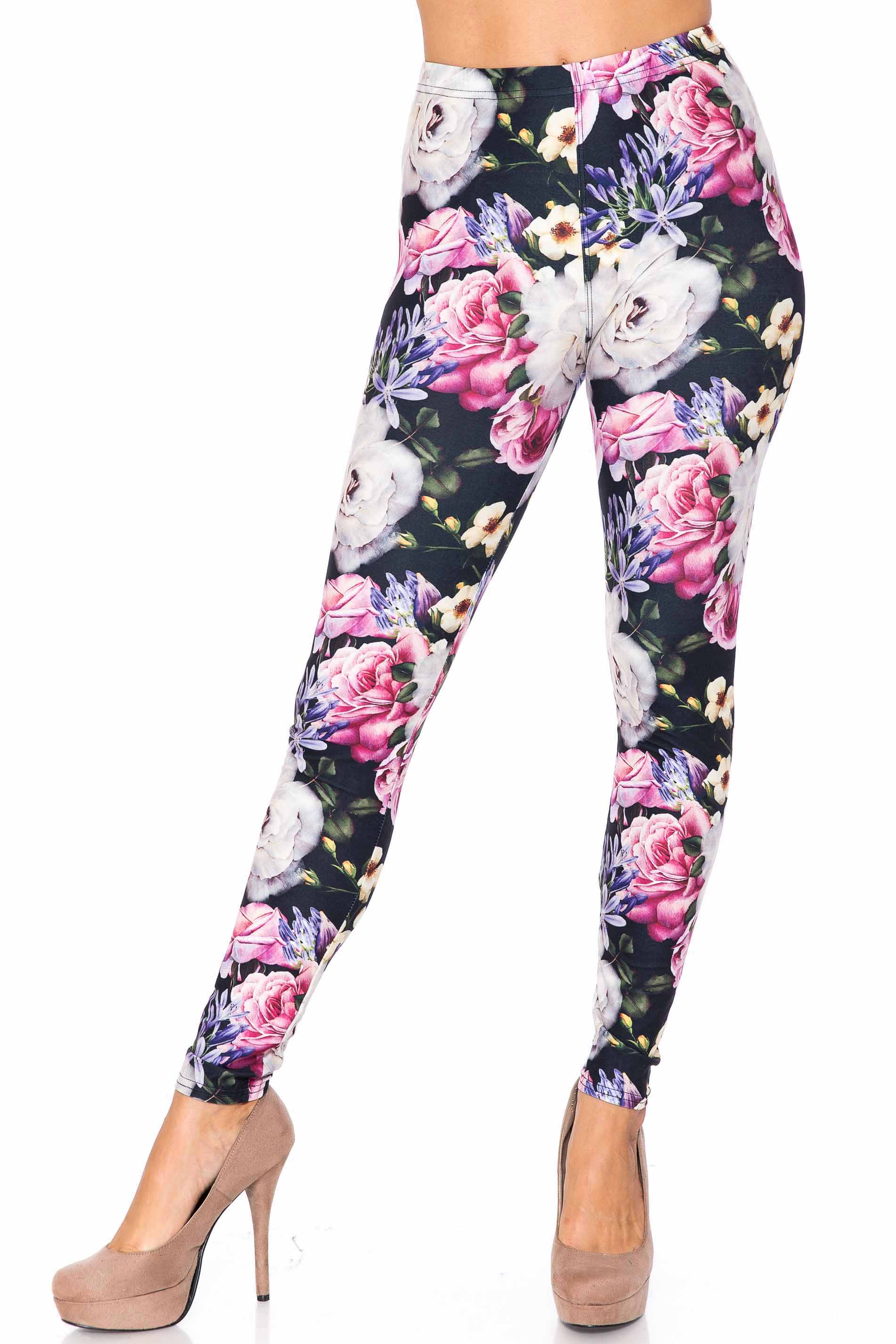 Creamy Soft Leggings Premium Women's Floral Garden Bouquet Extra Plus, High Rise, Stretchy, Comfortable, 3X-5X Leggings - by USA Fashion