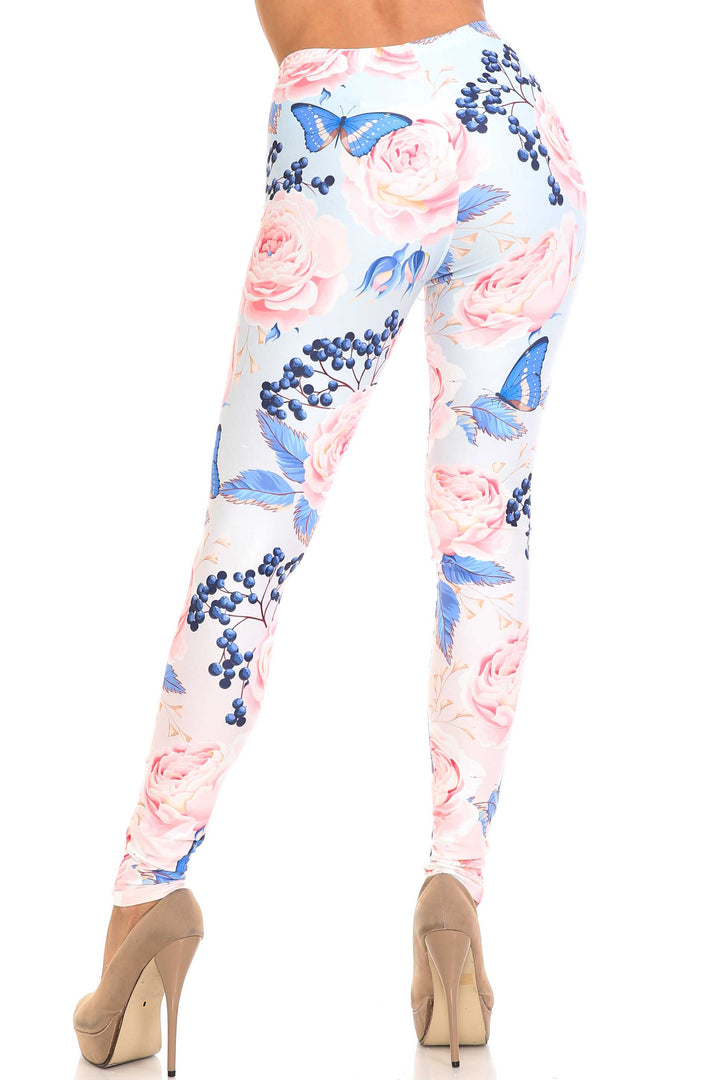 Creamy Soft Leggings Premium Women's Butterflies and Jumbo Pink Roses Extra Plus, High Rise, Stretchy, Comfortable, 3X-5X Leggings - by USA Fashion
