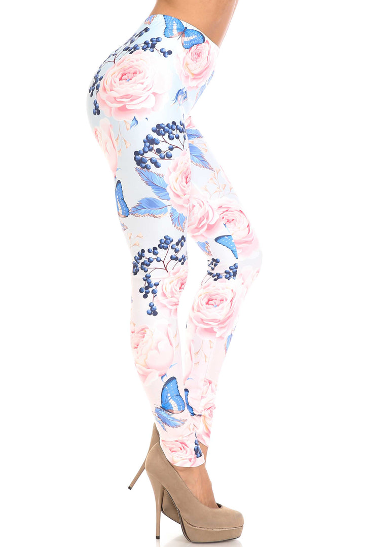 Creamy Soft Leggings Premium Women's Butterflies and Jumbo Pink Roses Extra Plus, High Rise, Stretchy, Comfortable, 3X-5X Leggings - by USA Fashion