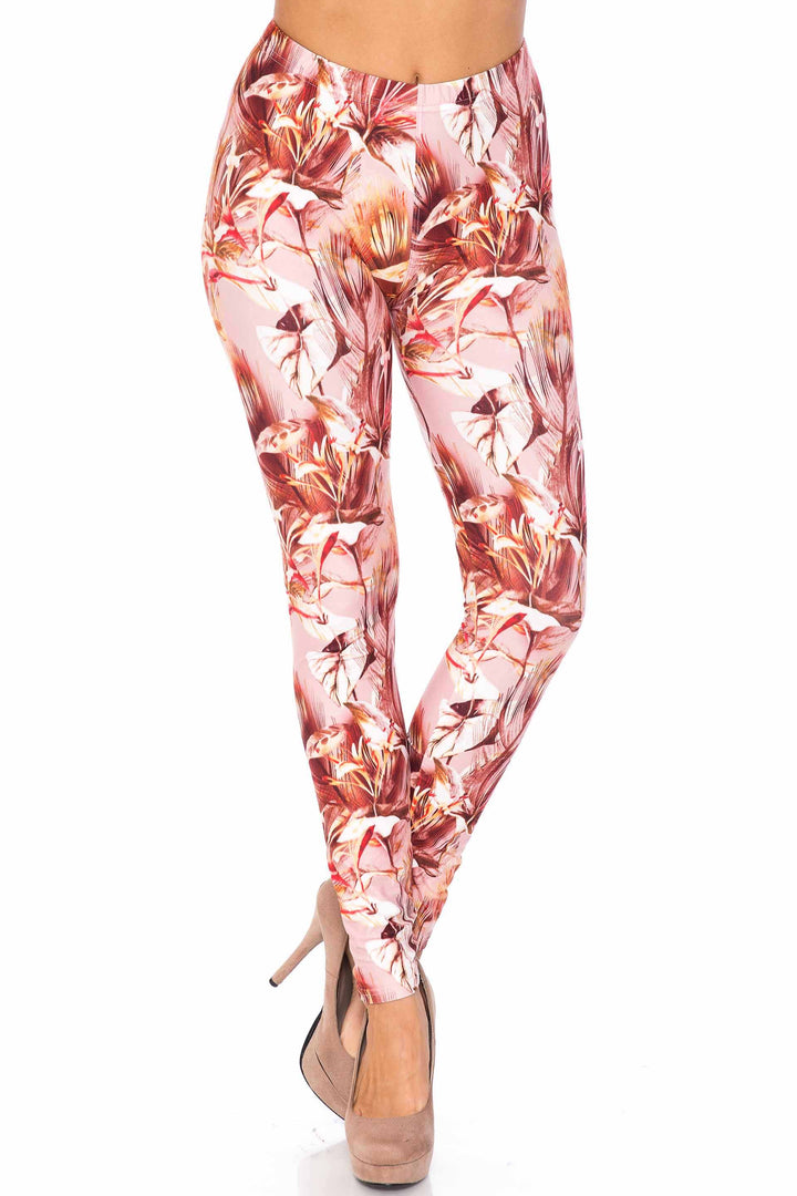 Creamy Soft Leggings Premium Women's Mocha Floral Extra Plus, High Rise, Stretchy, Comfortable, 3X-5X Leggings - by USA Fashion