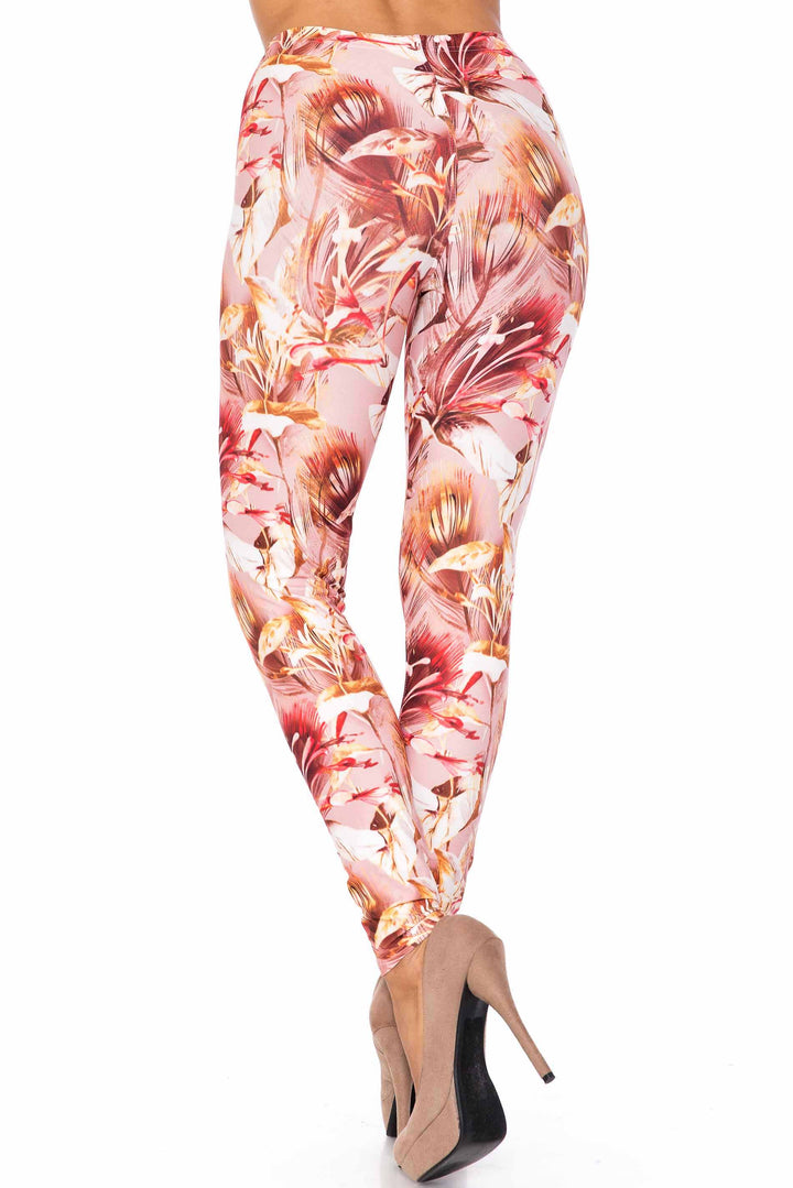 Creamy Soft Leggings Premium Women's Mocha Floral Extra Plus, High Rise, Stretchy, Comfortable, 3X-5X Leggings - by USA Fashion