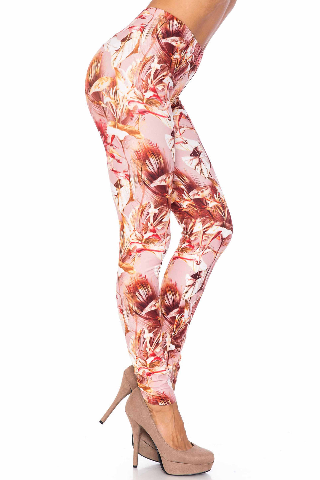 Creamy Soft Leggings Premium Women's Mocha Floral Extra Plus, High Rise, Stretchy, Comfortable, 3X-5X Leggings - by USA Fashion
