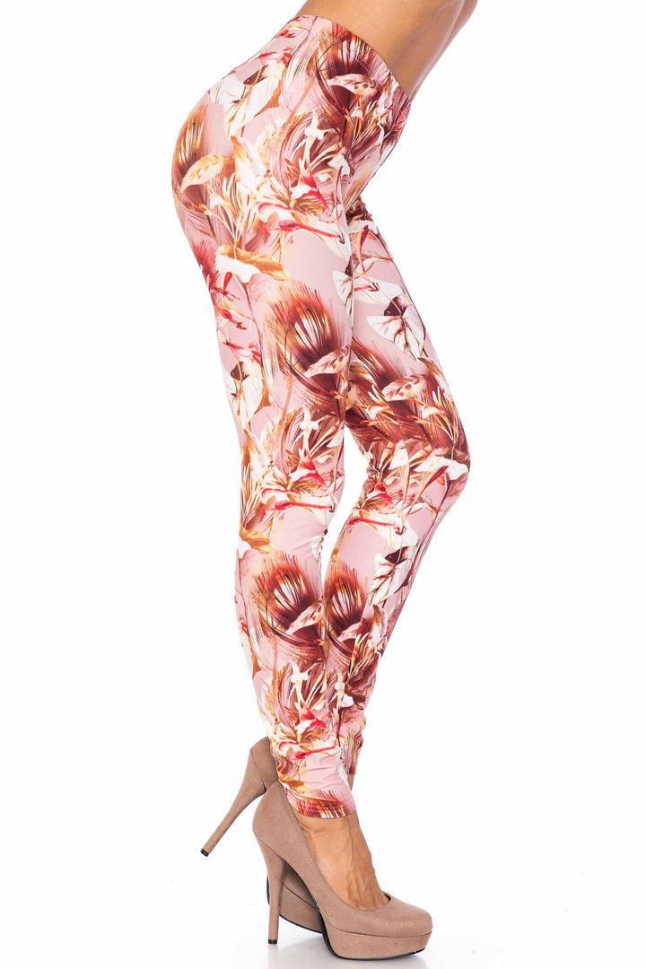 Creamy Soft Leggings Premium Women's Mocha Floral Extra Plus, High Rise, Stretchy, Comfortable, 3X-5X Leggings - by USA Fashion